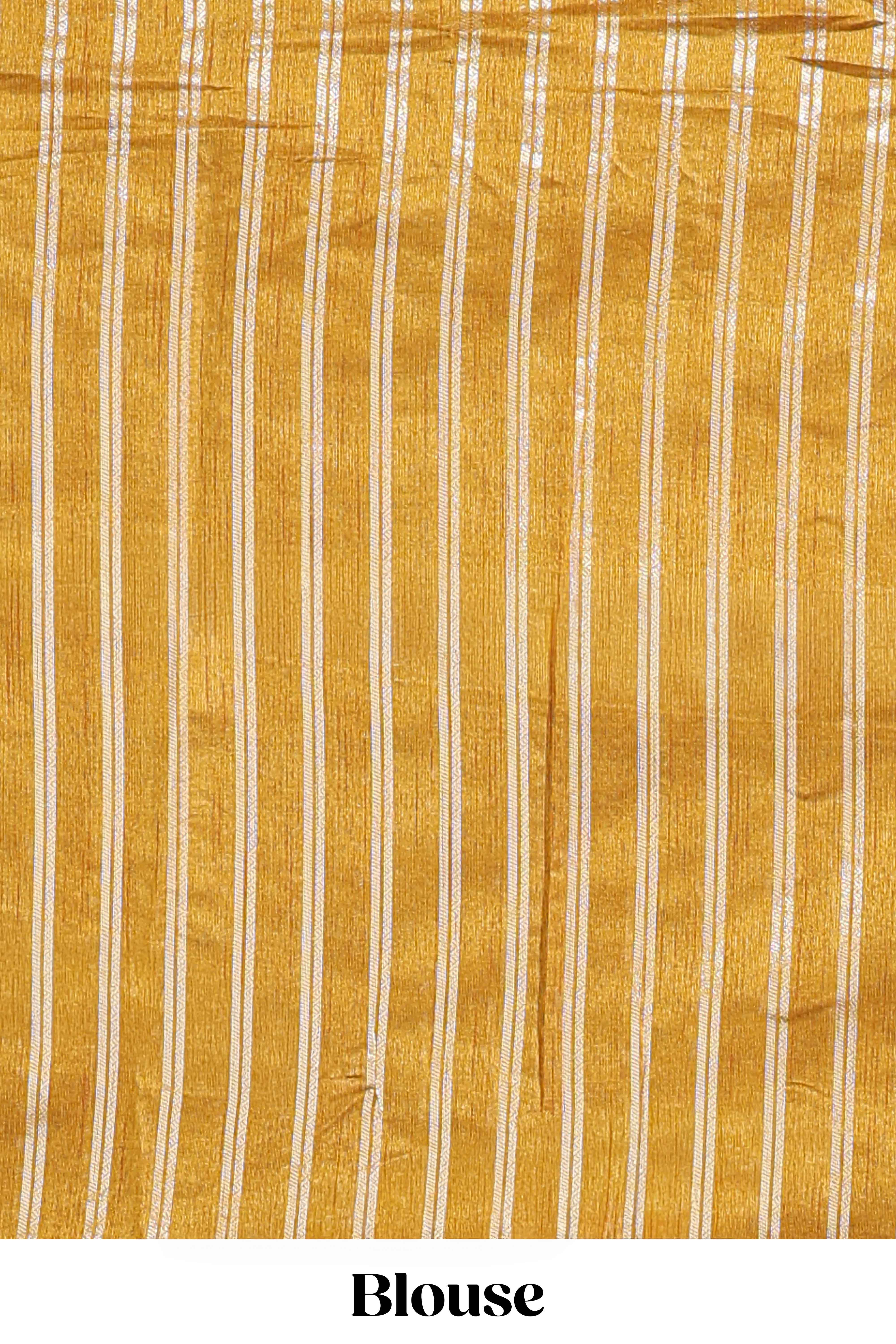 Mustard zari butta art tussar saree with self border matching striped blouse