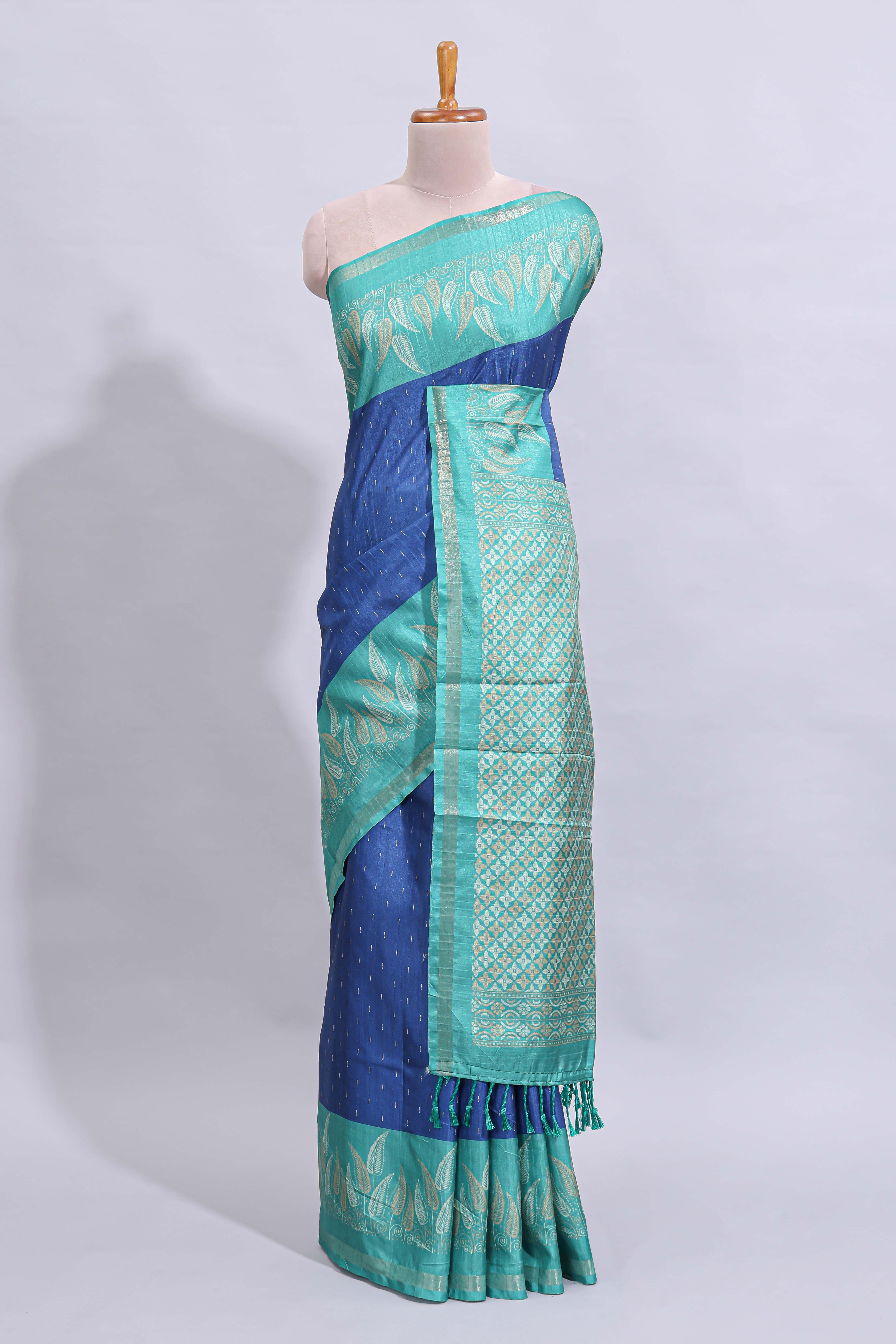 Blue geometric zari butta art tussar saree with contrast zari border and striped blouse