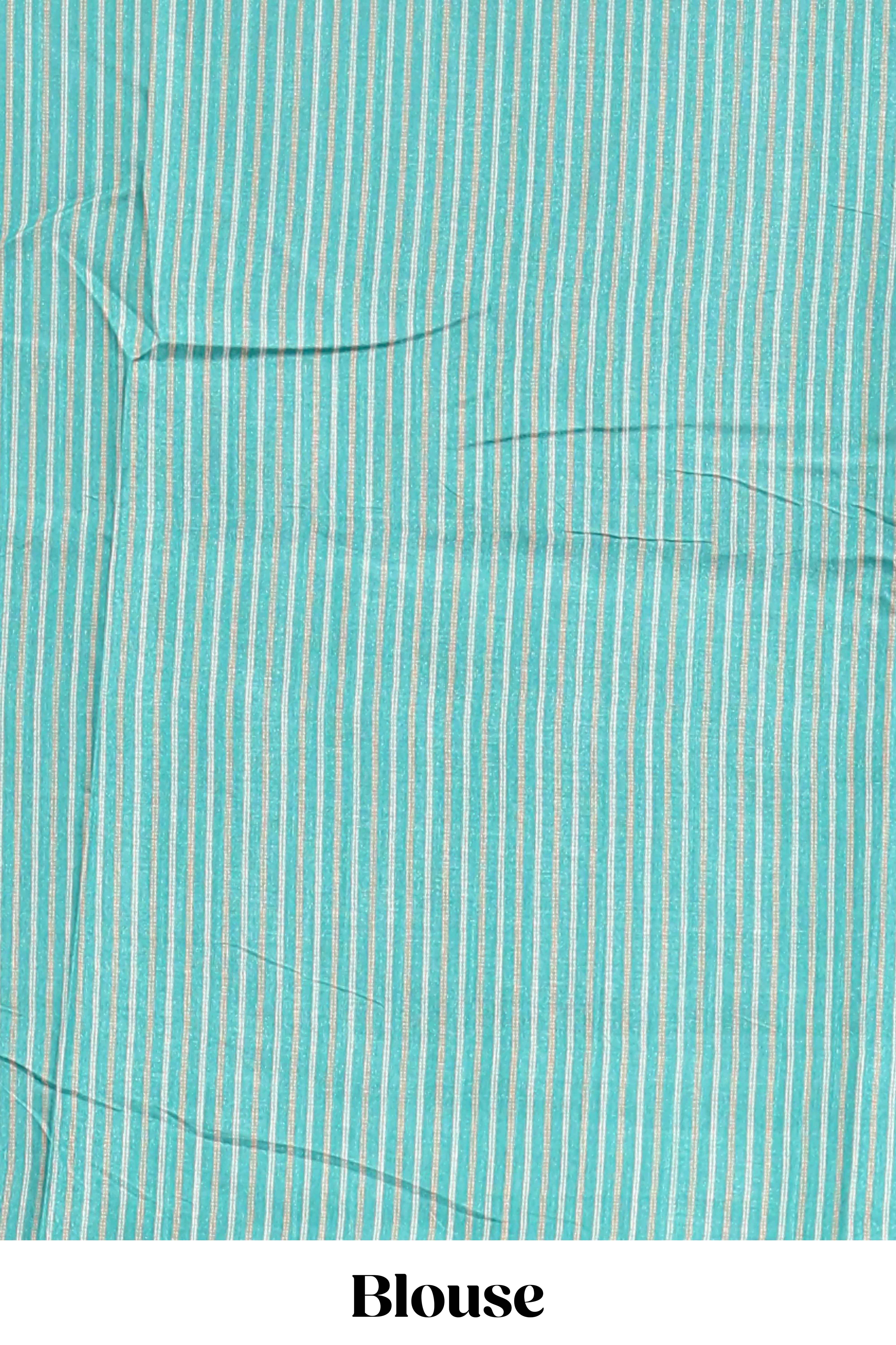 Blue geometric zari butta art tussar saree with contrast zari border and striped blouse
