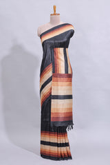 Black textured plain art tussar saree with contrast border and matching striped blouse