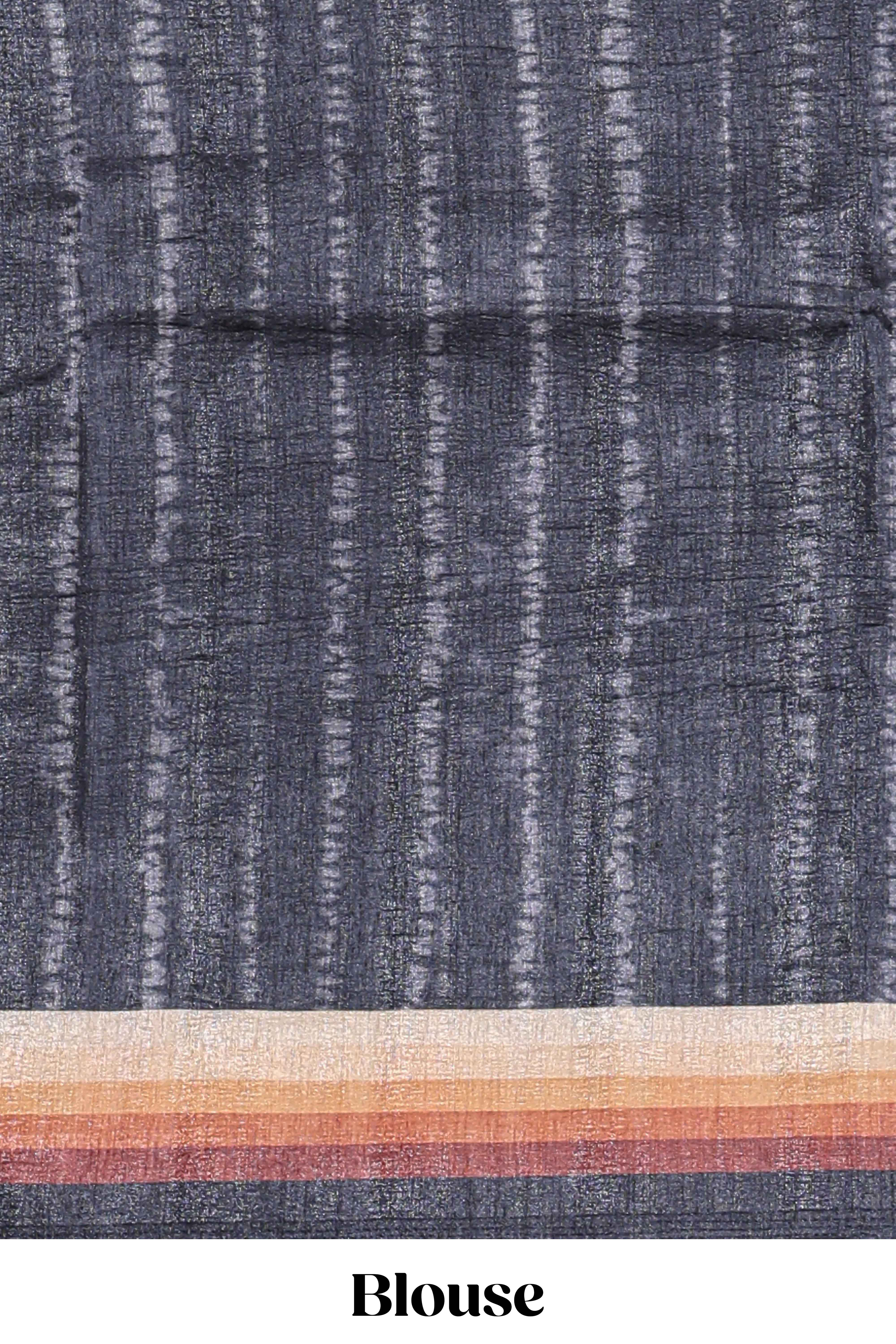 Black textured plain art tussar saree with contrast border and matching striped blouse