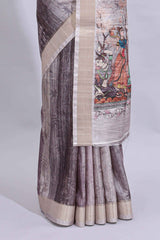 Grey kalamkari style floral design art tussar saree with contrast border and matching striped blouse