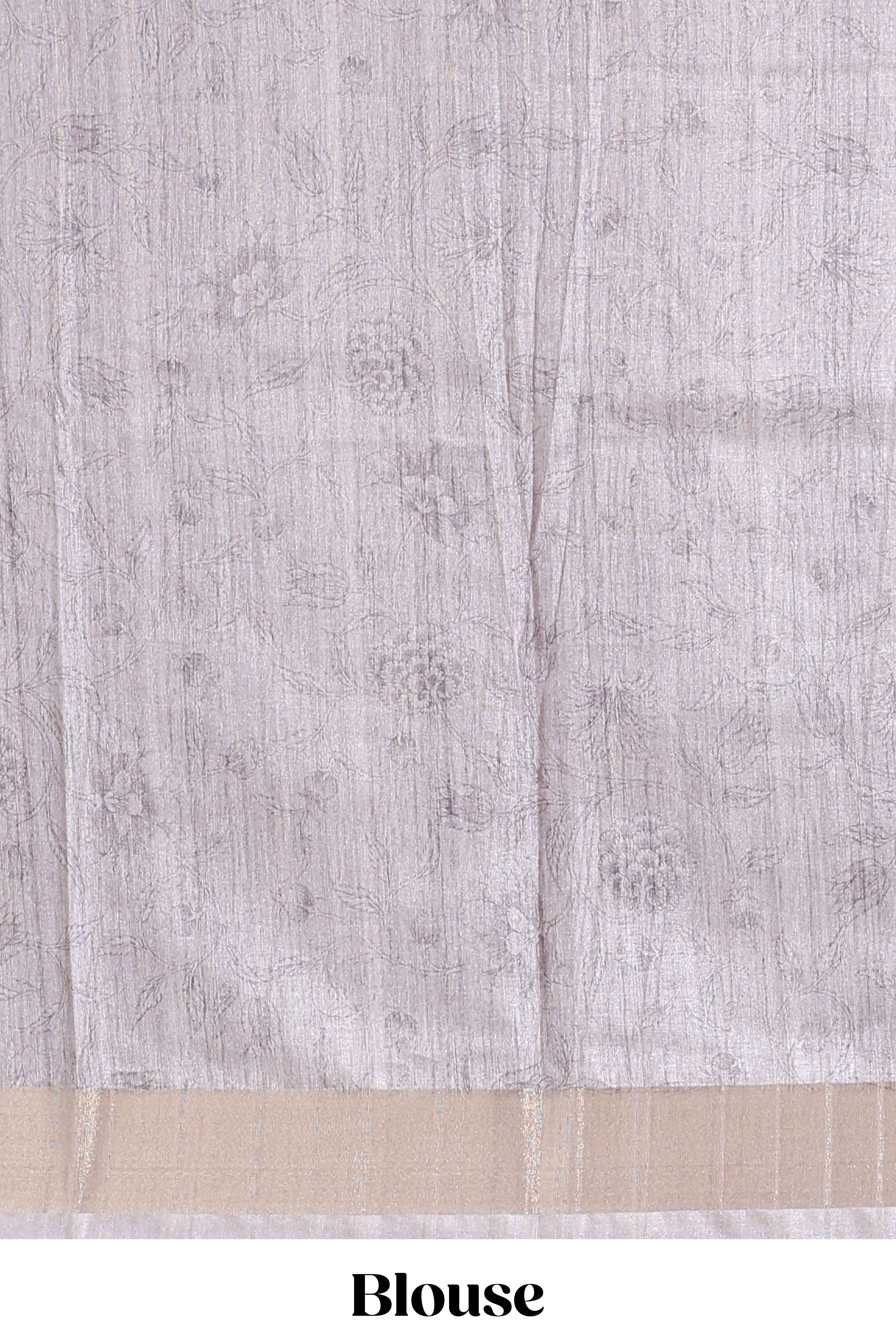 Grey kalamkari style floral design art tussar saree with contrast border and matching striped blouse