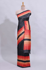 Black textured plain art tussar saree with contrast orange border and matching striped blouse