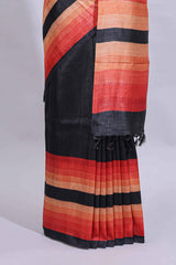 Black textured plain art tussar saree with contrast orange border and matching striped blouse