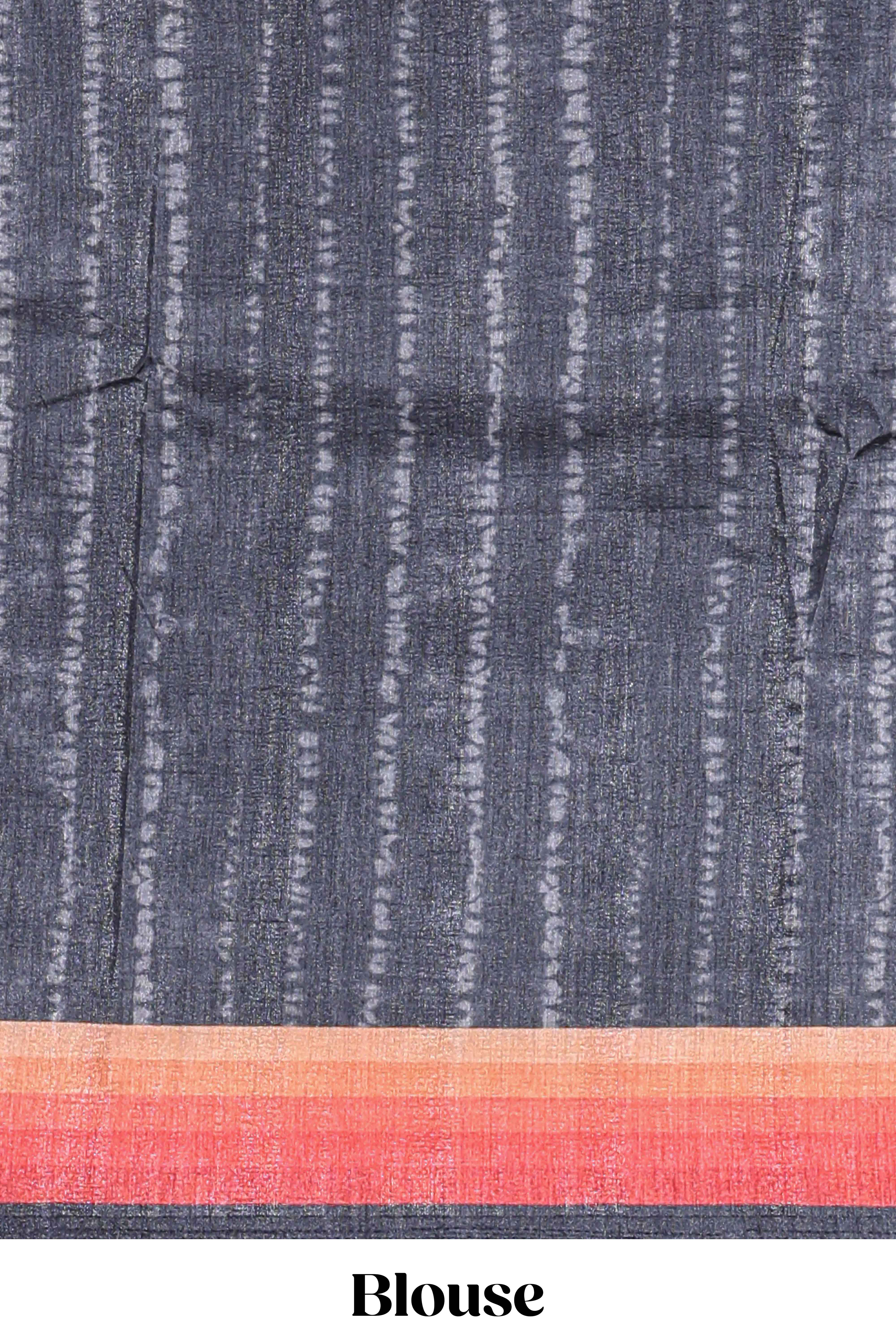Black textured plain art tussar saree with contrast orange border and matching striped blouse