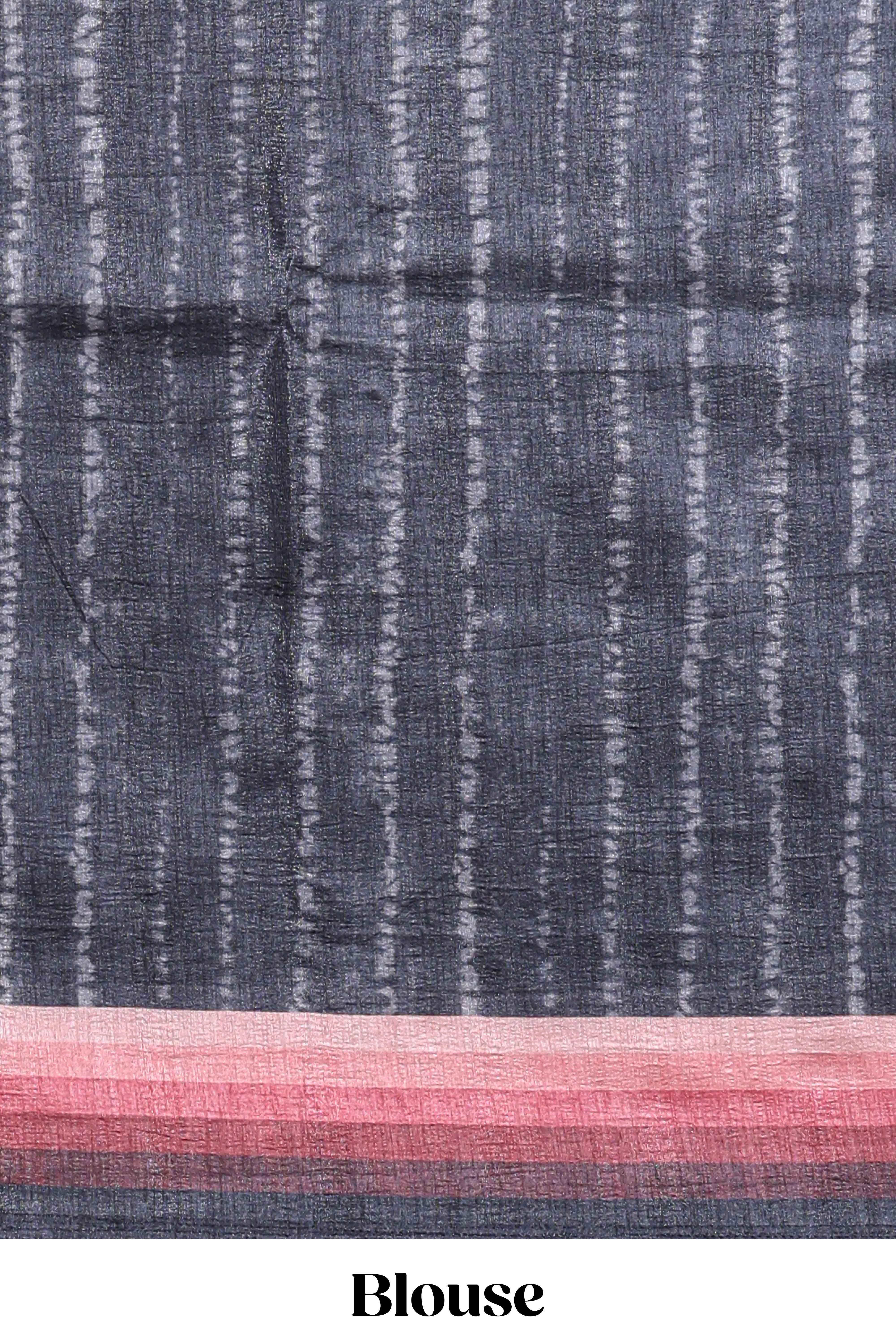 Black textured plain art tussar saree with contrast pink border and matching striped blouse