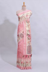 Pink floral design art tussar saree with self zari border and matching printed blouse