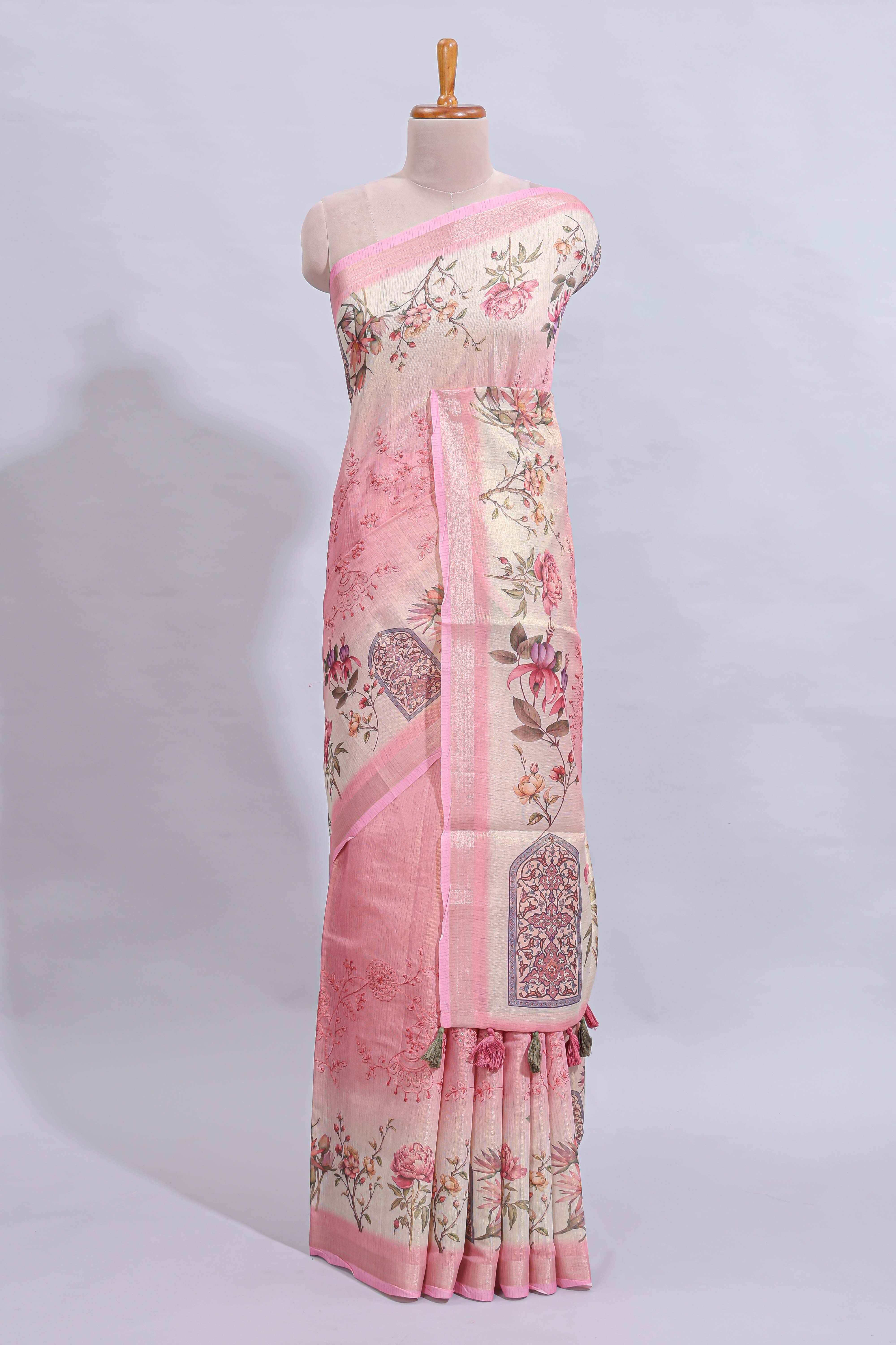 Pink floral design art tussar saree with self zari border and matching printed blouse