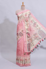 Pink floral design art tussar saree with self zari border and matching printed blouse