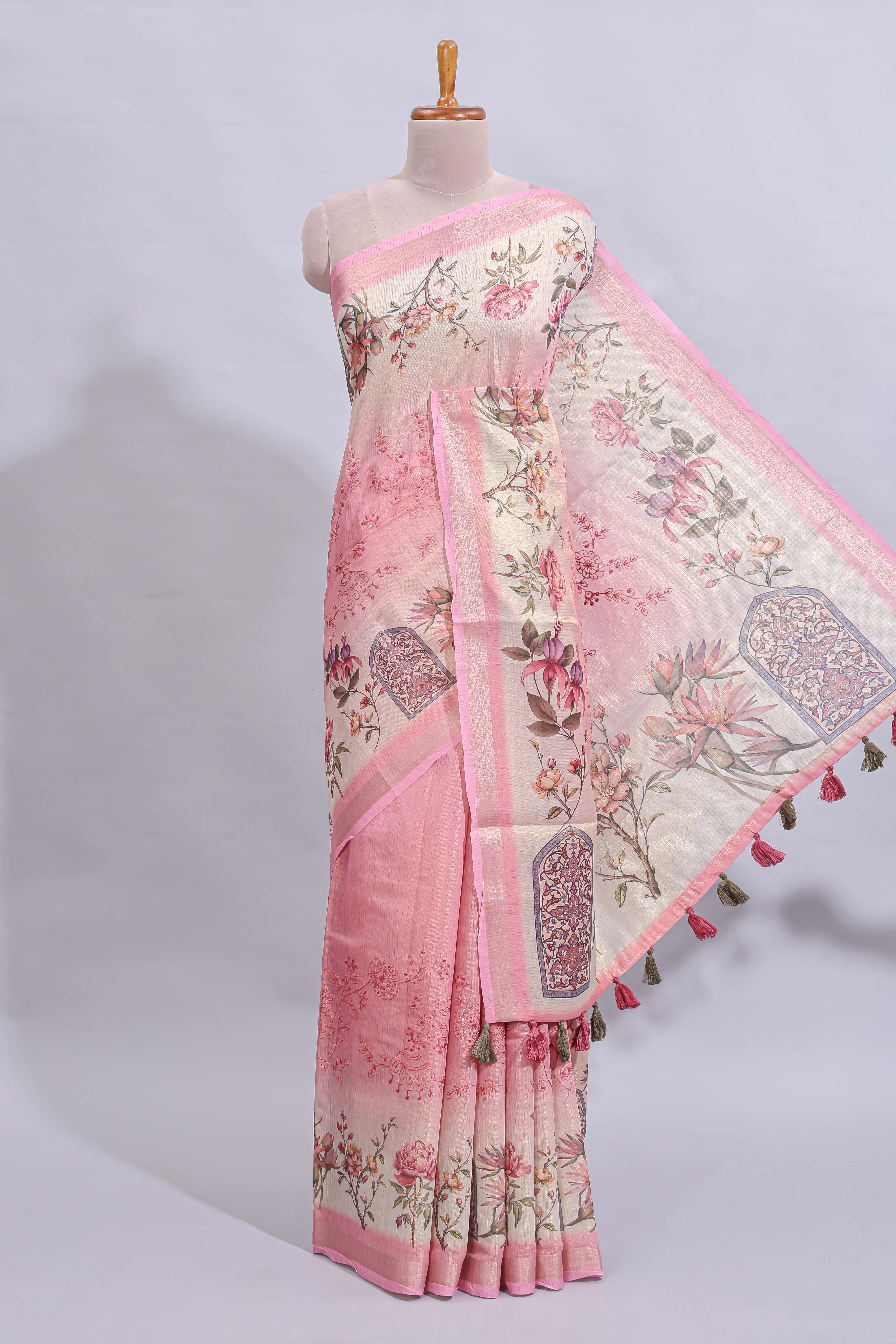 Pink floral design art tussar saree with self zari border and matching printed blouse