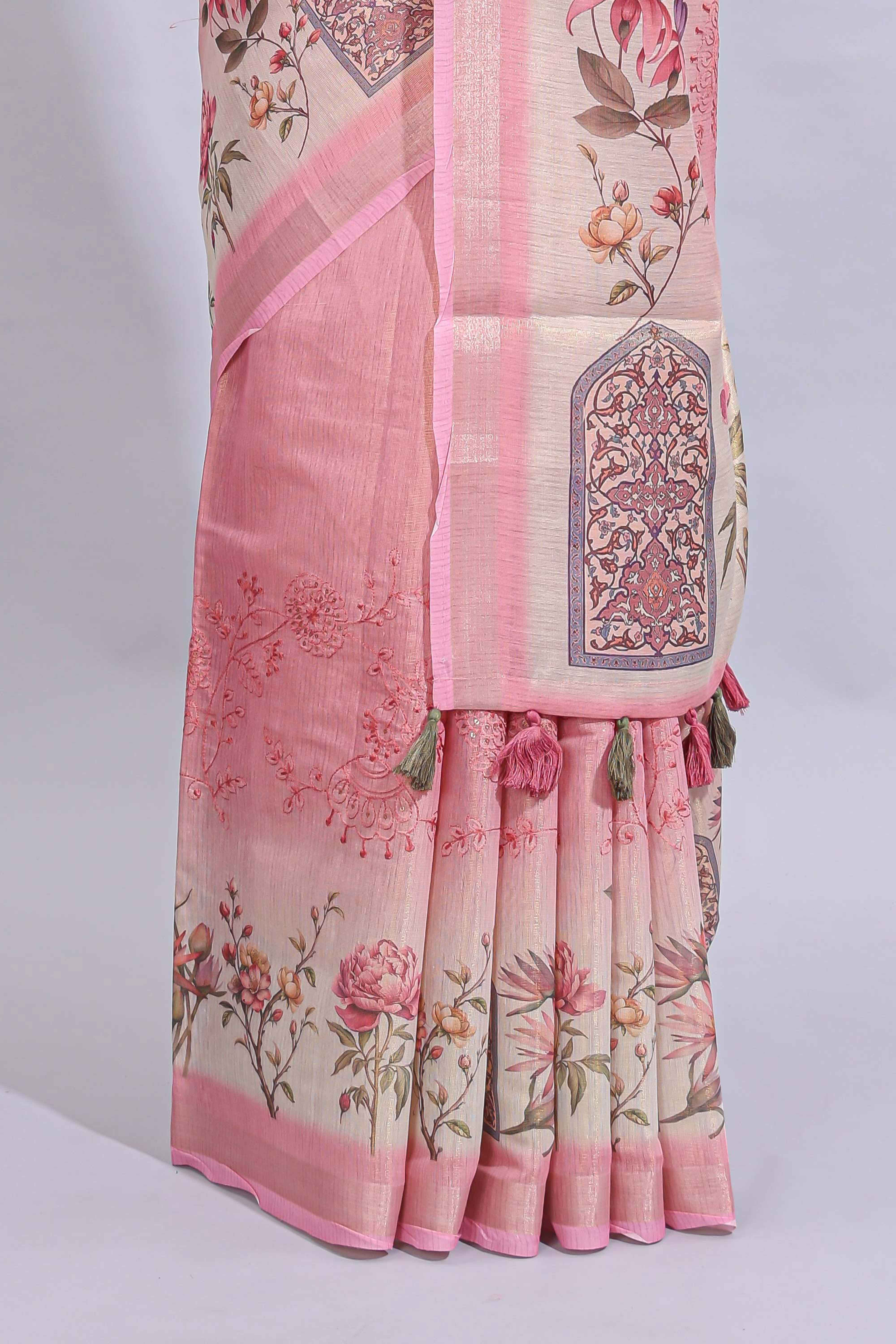 Pink floral design art tussar saree with self zari border and matching printed blouse