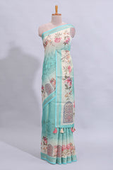 Blue floral design art tussar saree with self zari border and matching printed blouse