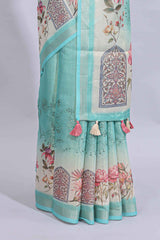 Blue floral design art tussar saree with self zari border and matching printed blouse