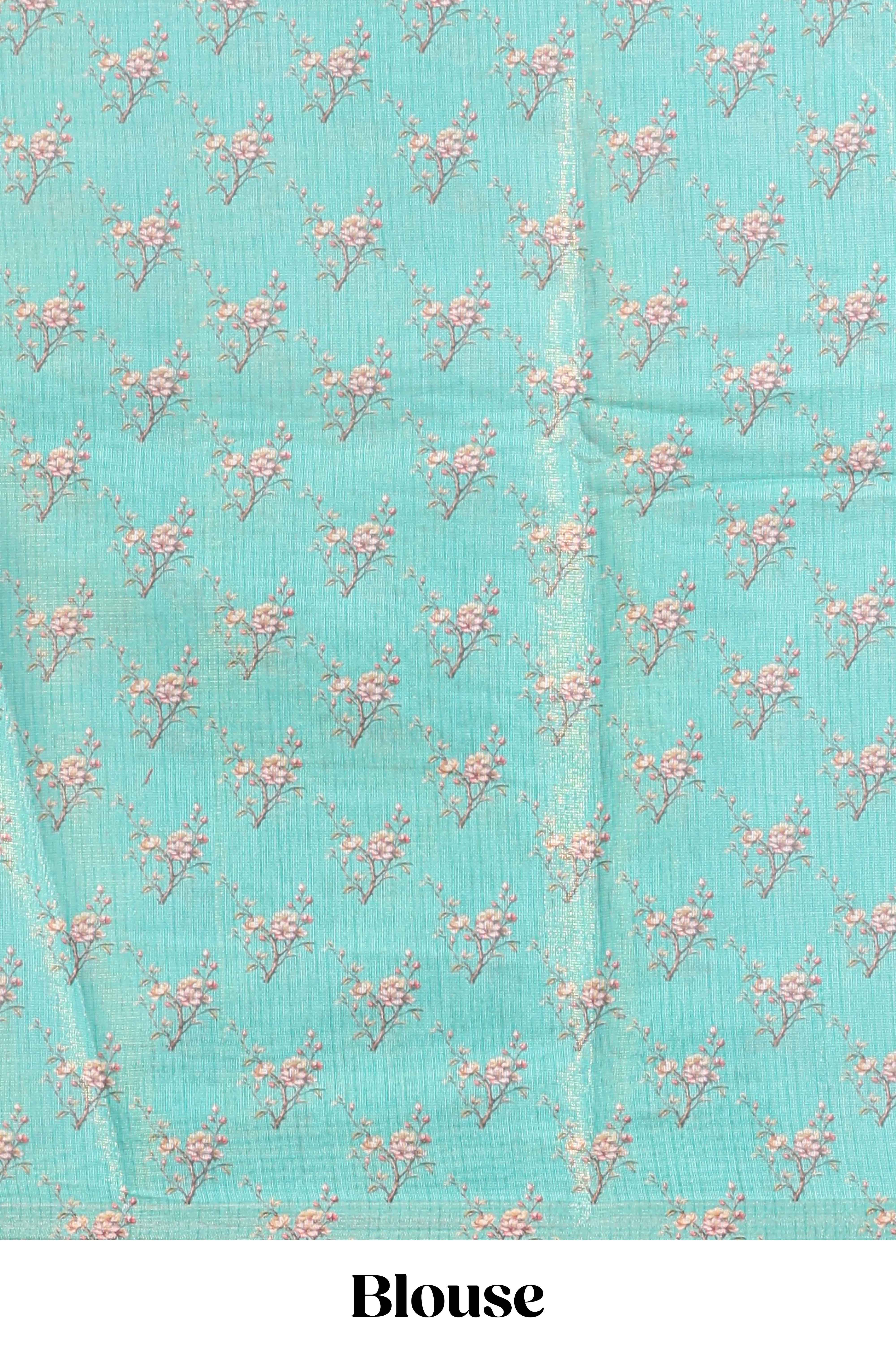 Blue floral design art tussar saree with self zari border and matching printed blouse