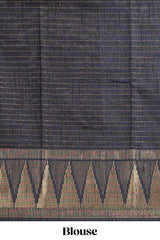 Light grey checked art tussar saree with contrast temple zari border and striped blouse