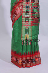 Green plain art tussar saree with contrast ikkat style border and floral design striped pallu