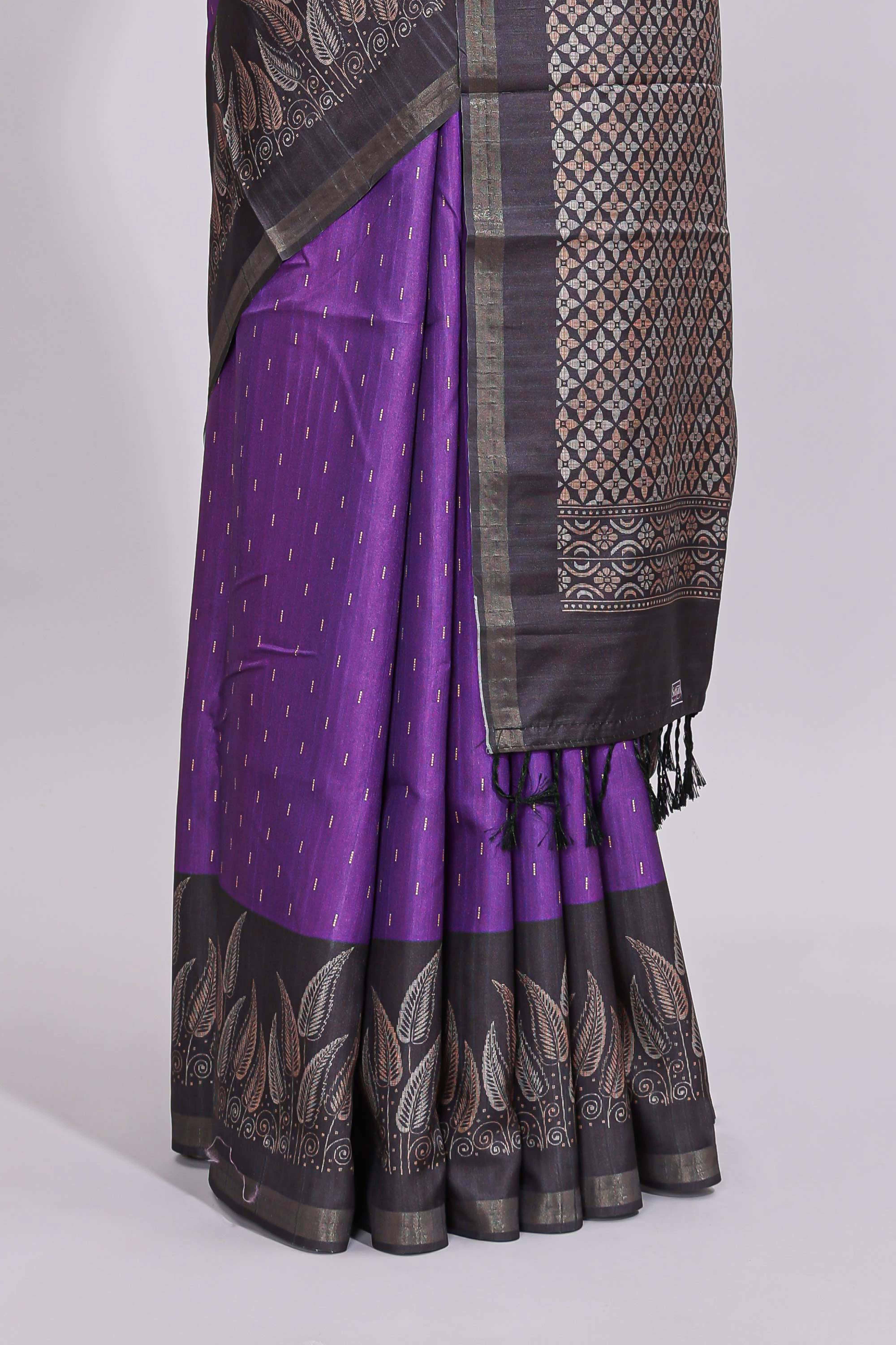 Violet motifs art tussar saree with contrast leaf design border and striped blouse