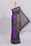 Violet motifs art tussar saree with contrast leaf design border and striped blouse
