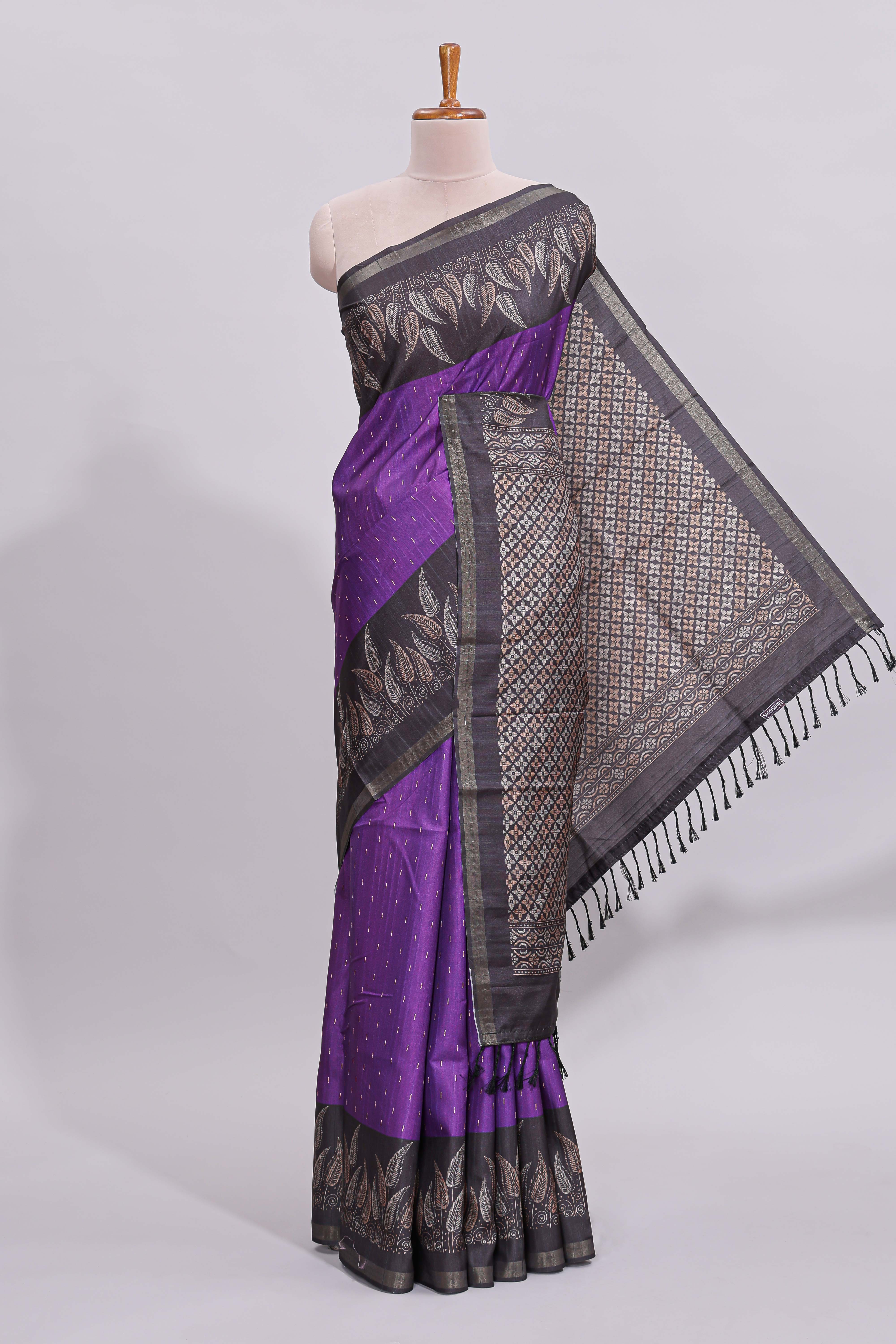 Violet motifs art tussar saree with contrast leaf design border and striped blouse