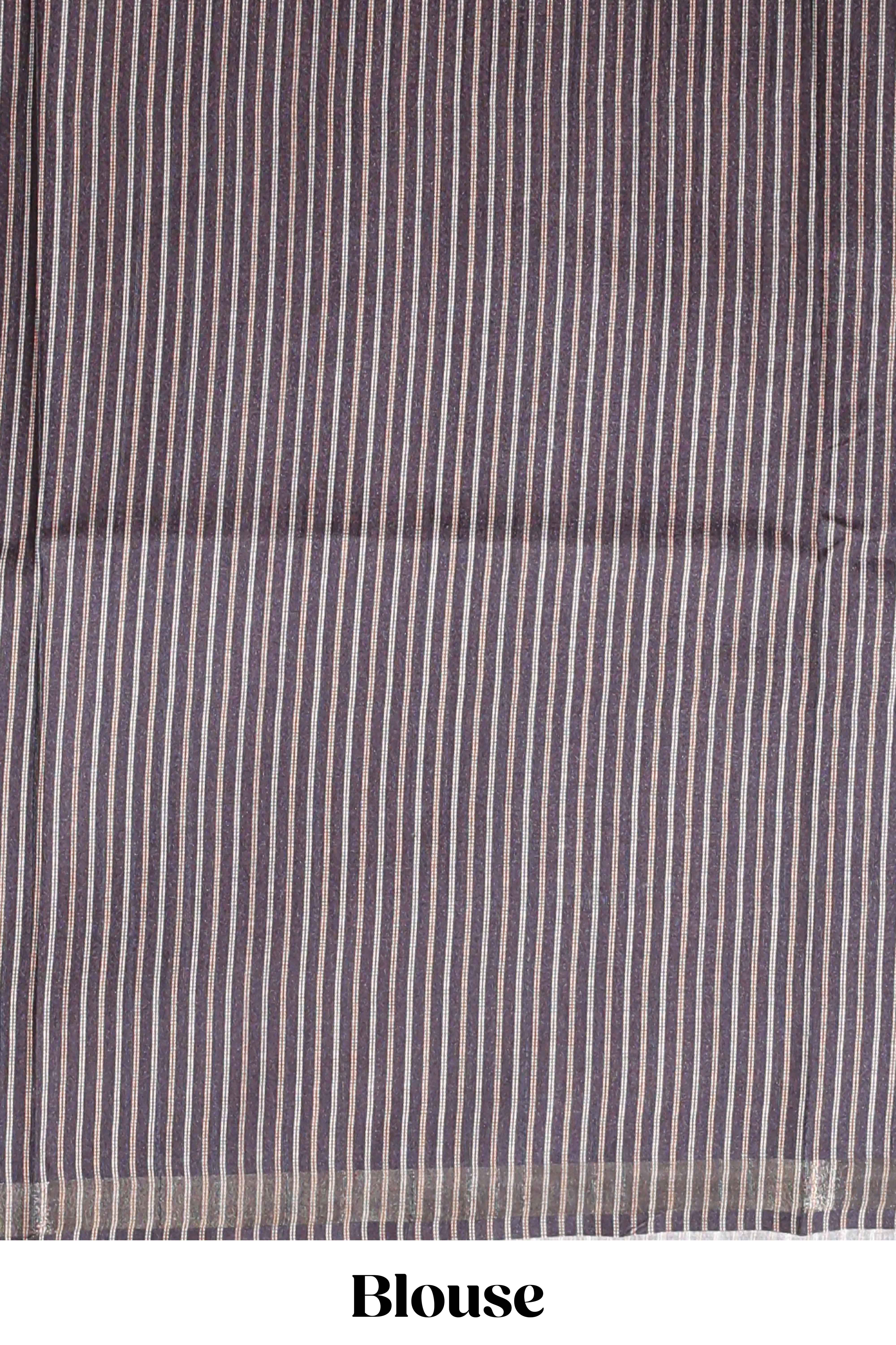 Violet motifs art tussar saree with contrast leaf design border and striped blouse