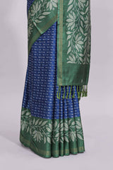 Blue geometric motifs design art tussar saree with contrast floral design border and printed blouse