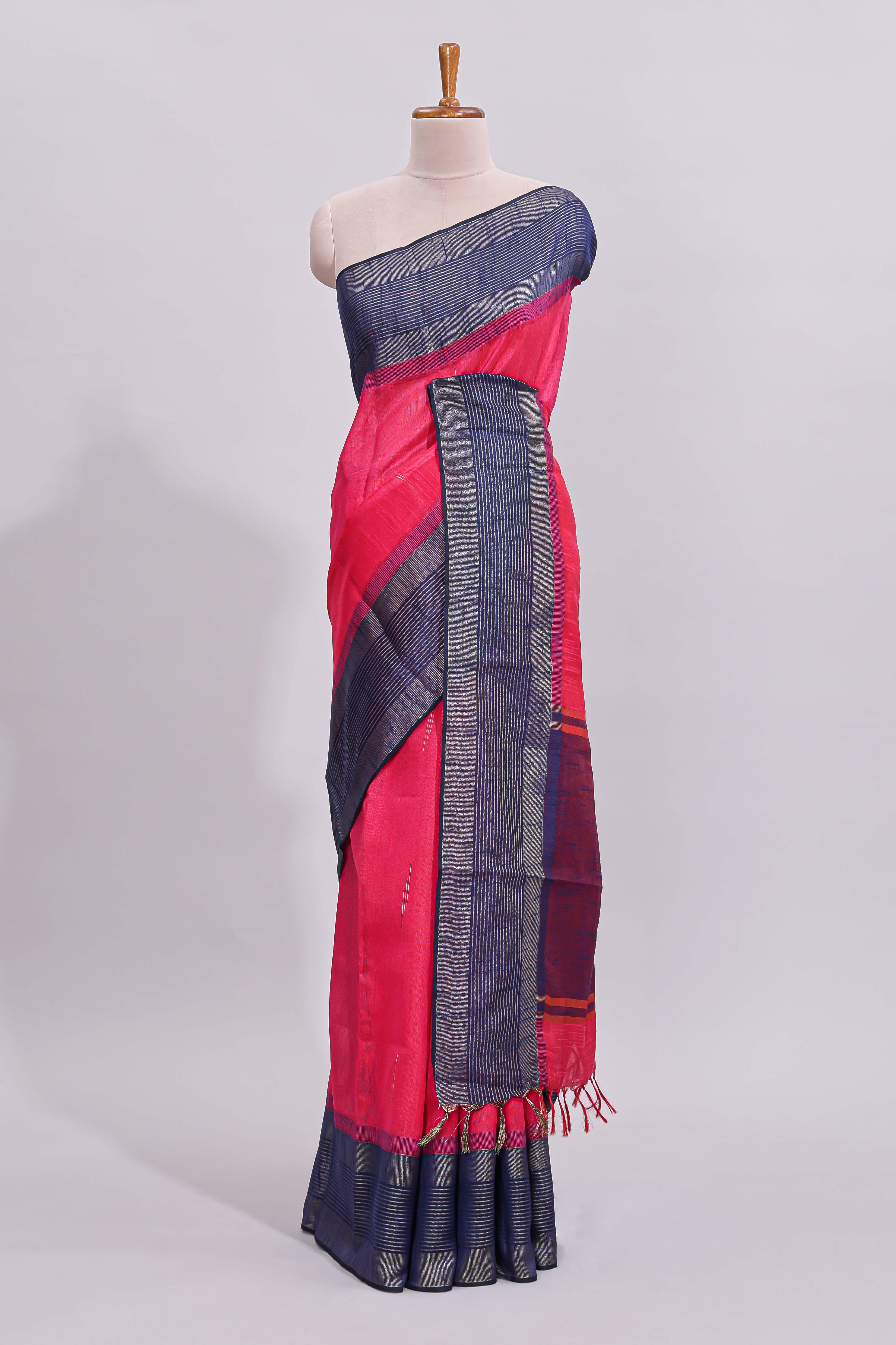 Pink zari motifs design art tussar saree with contrast border and zari blouse