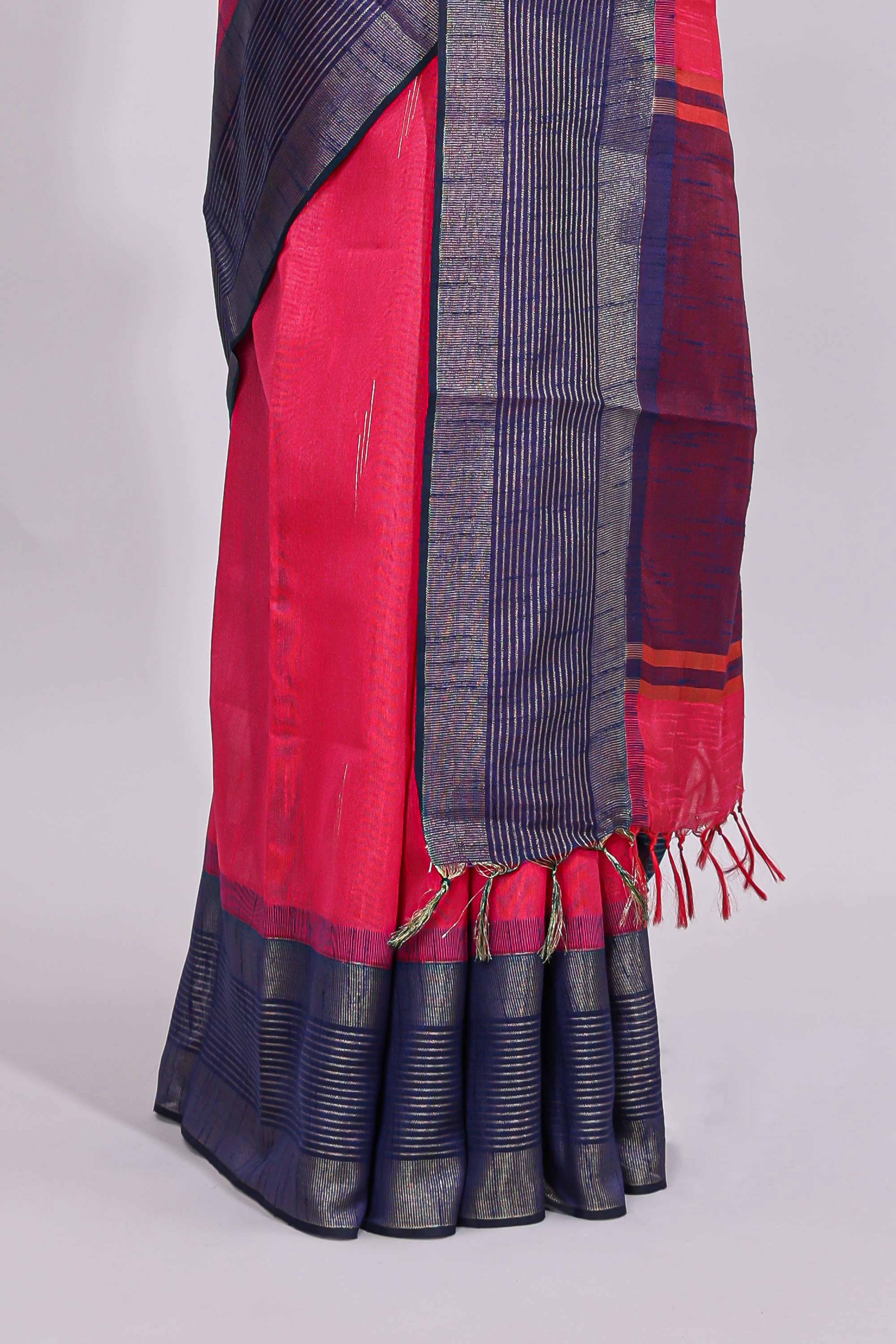 Pink zari motifs design art tussar saree with contrast border and zari blouse
