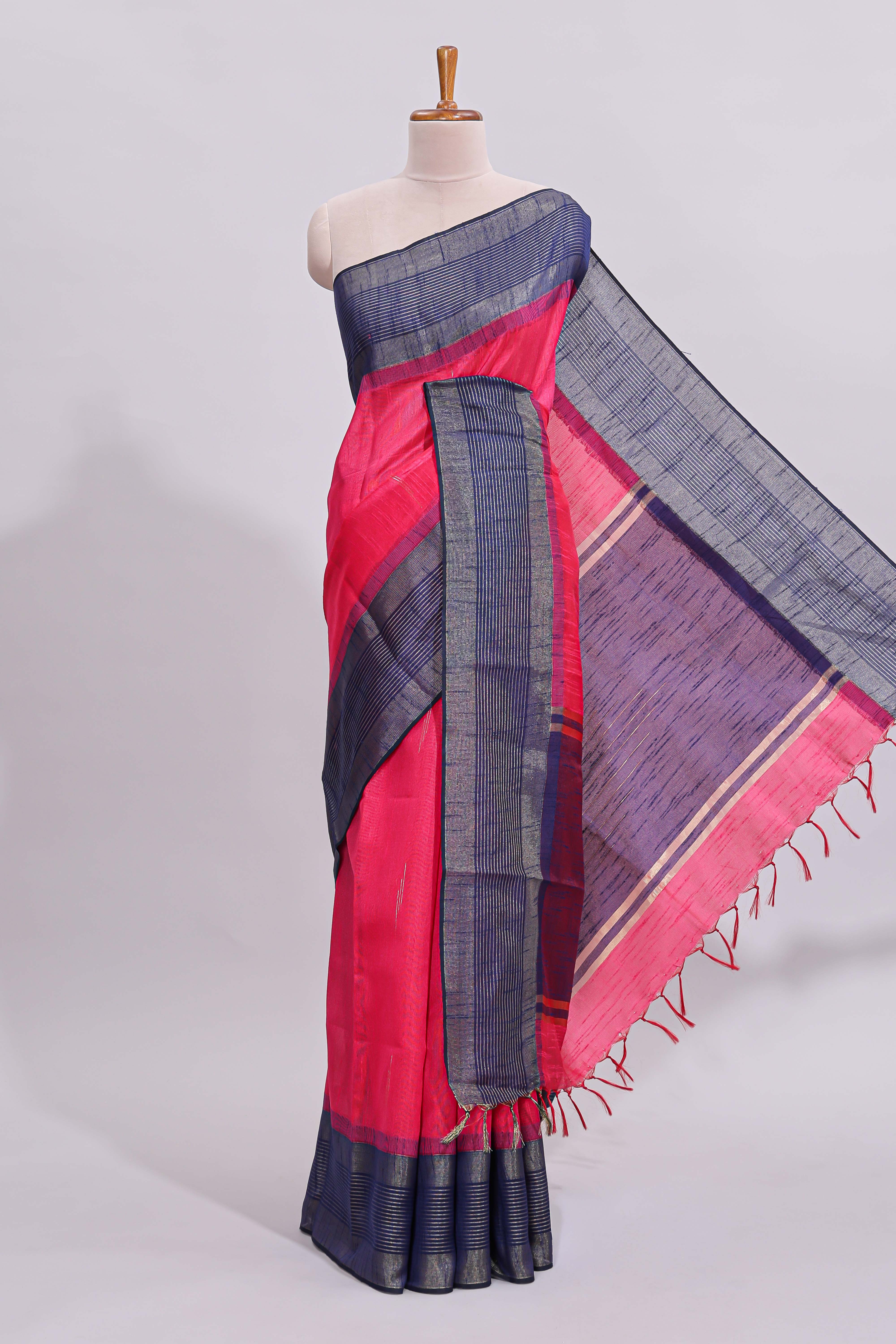 Pink zari motifs design art tussar saree with contrast border and zari blouse