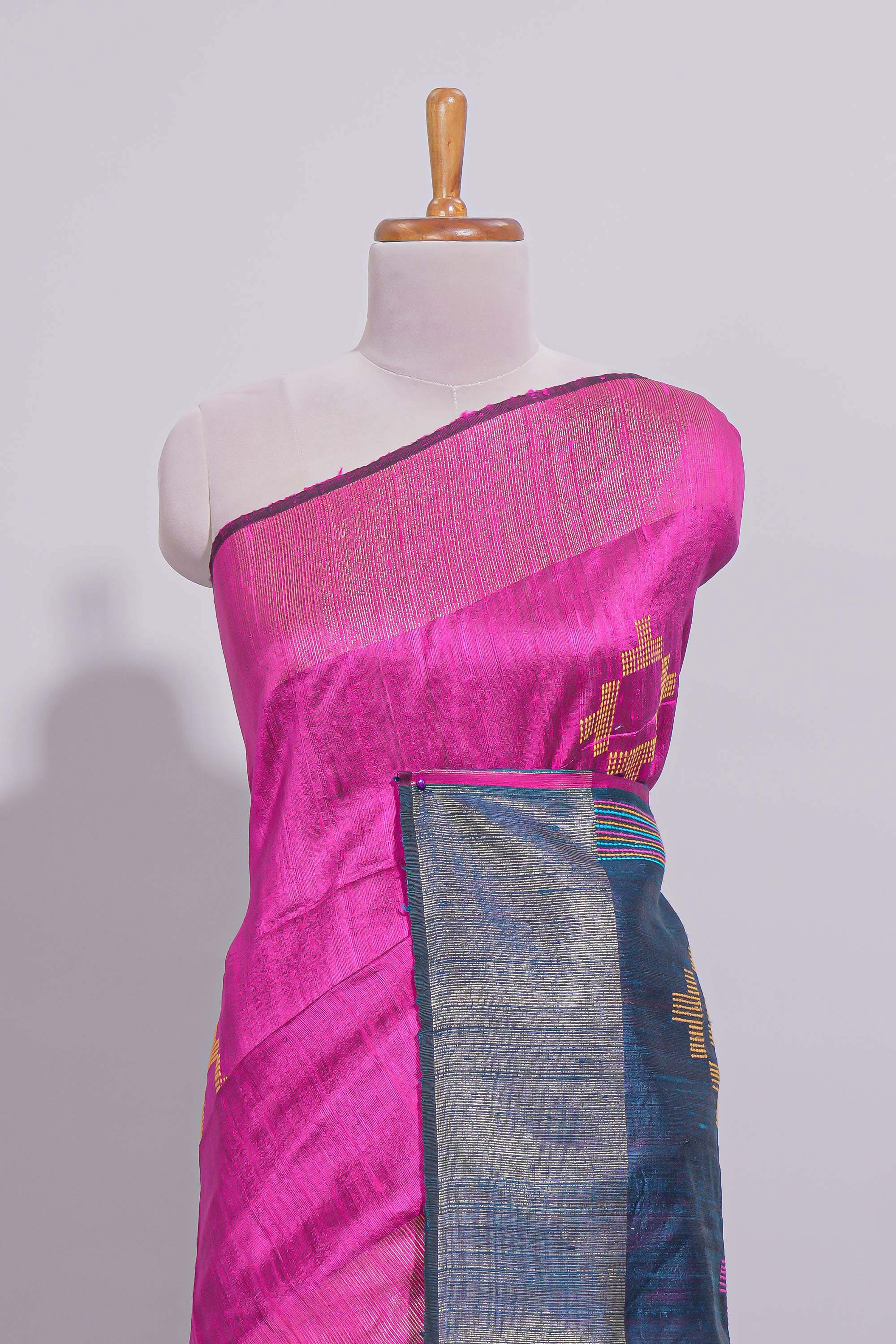 Bright Pink Plain Linen Cotton Saree with Self Border Contrast Blue Pallu and Striped Blouse