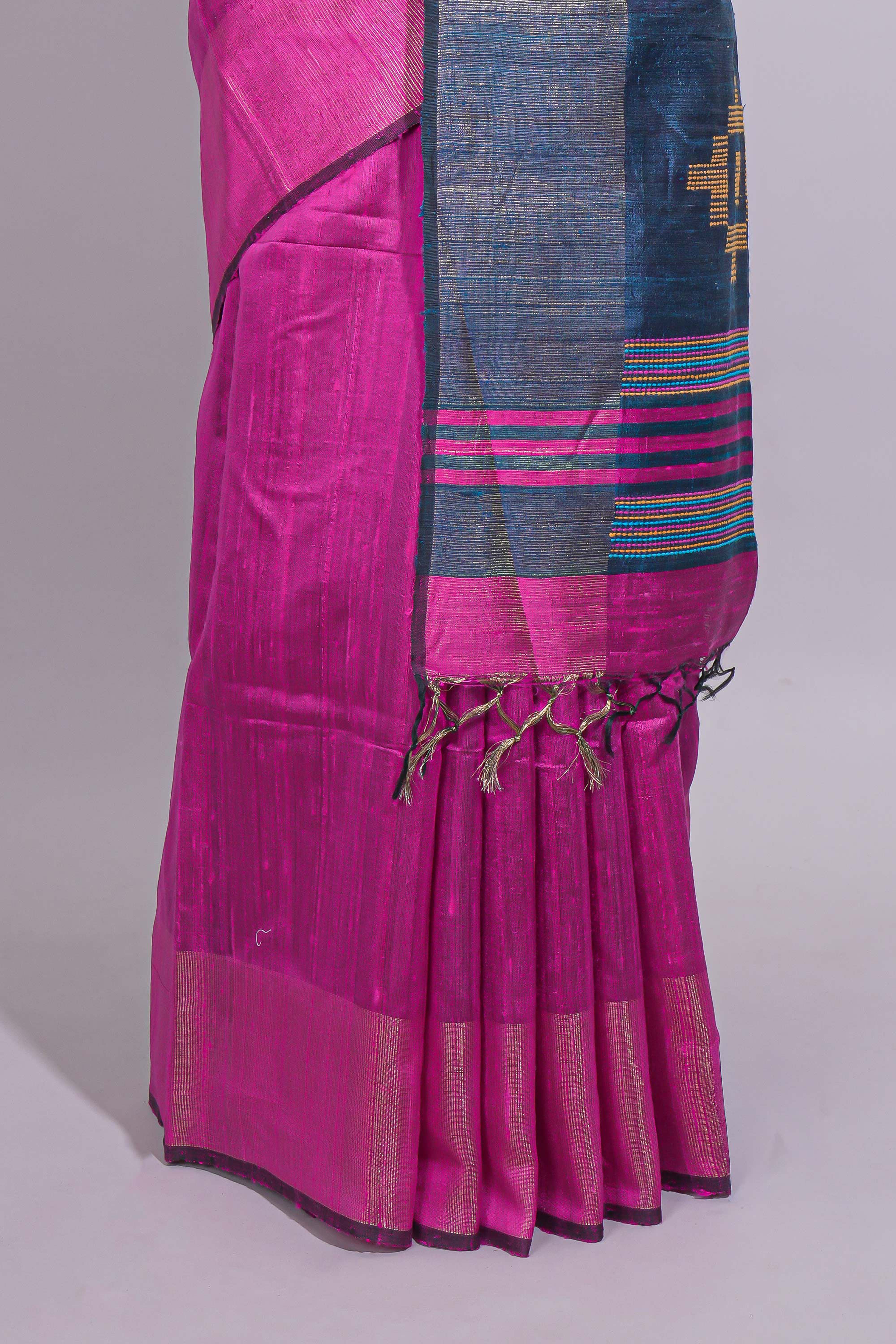 Bright Pink Plain Linen Cotton Saree with Self Border Contrast Blue Pallu and Striped Blouse