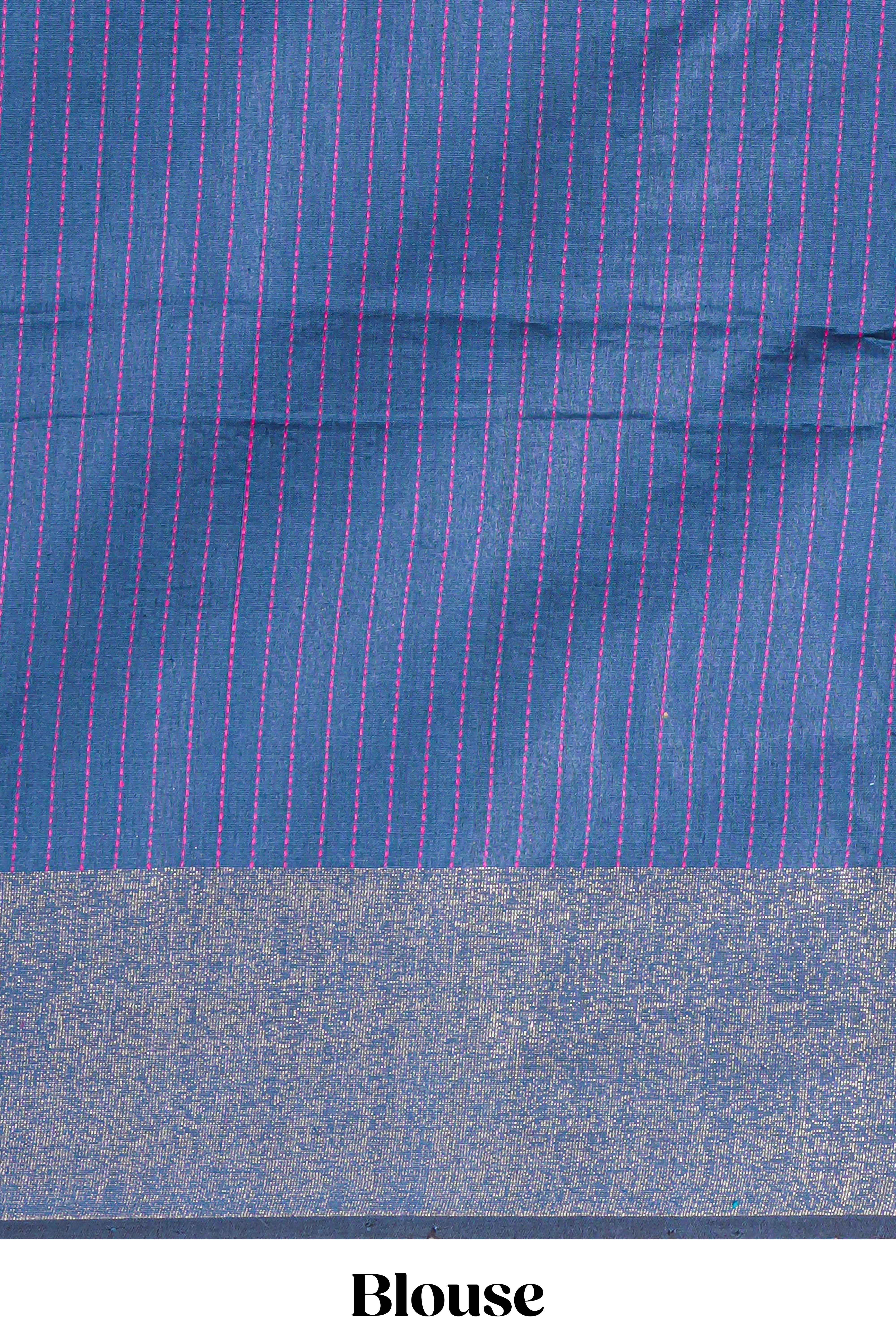 Bright Pink Plain Linen Cotton Saree with Self Border Contrast Blue Pallu and Striped Blouse