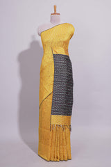 Bright Yellow Striped Linen Cotton Saree with Self Border Contrast Black Pallu and Striped Blouse