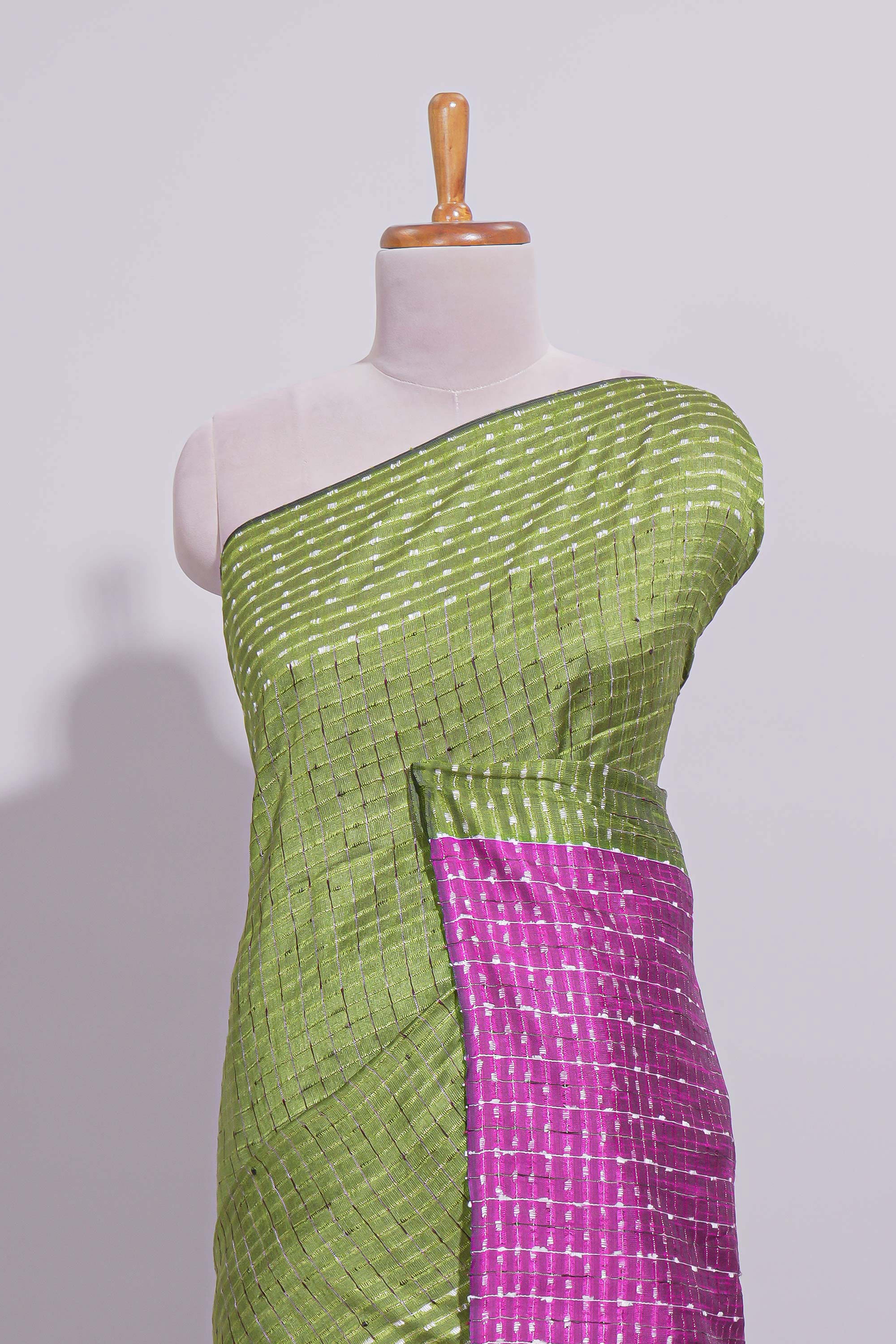 Green Striped Linen Cotton Saree with Self Border Contrast Pink Pallu and Striped Blouse