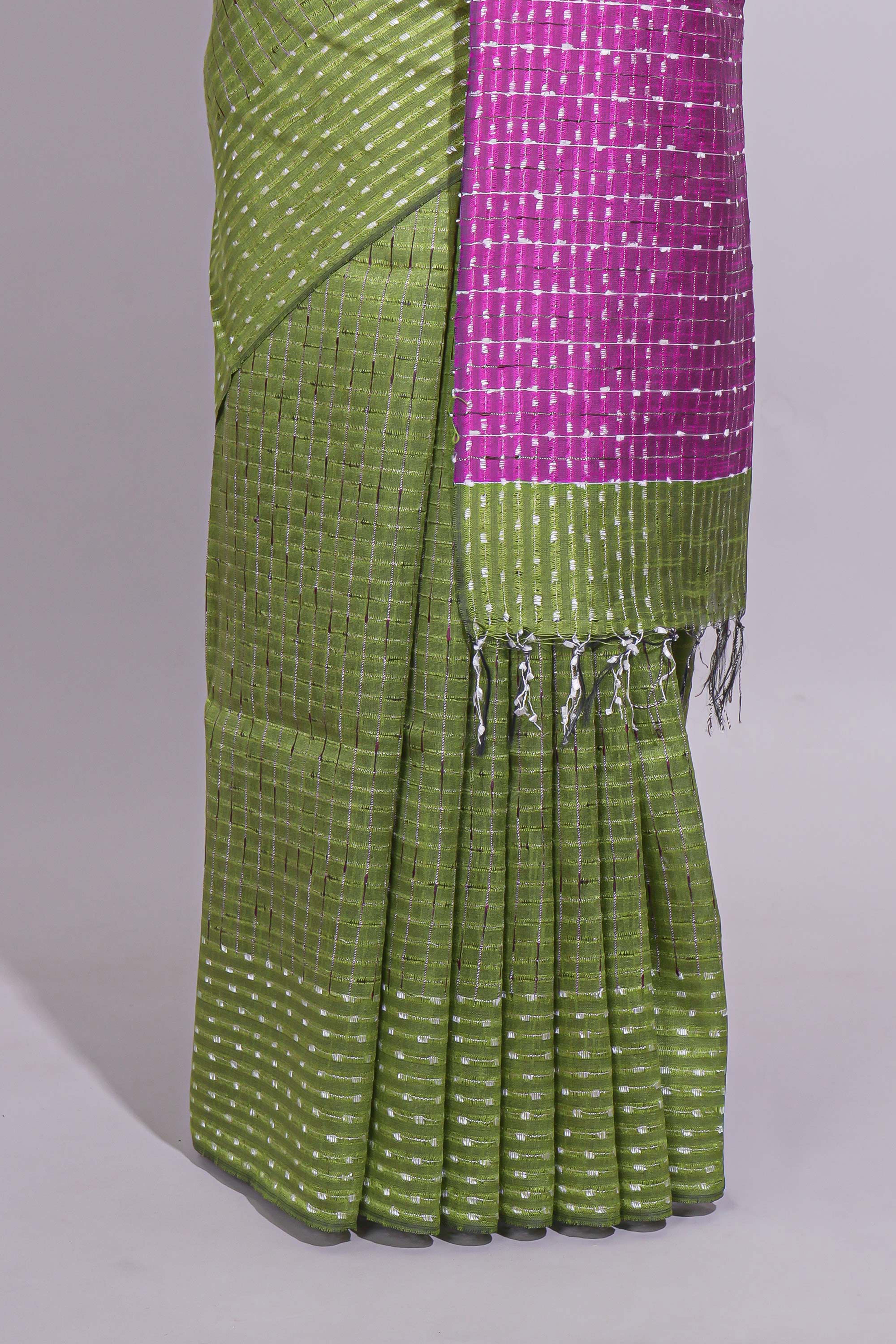 Green Striped Linen Cotton Saree with Self Border Contrast Pink Pallu and Striped Blouse