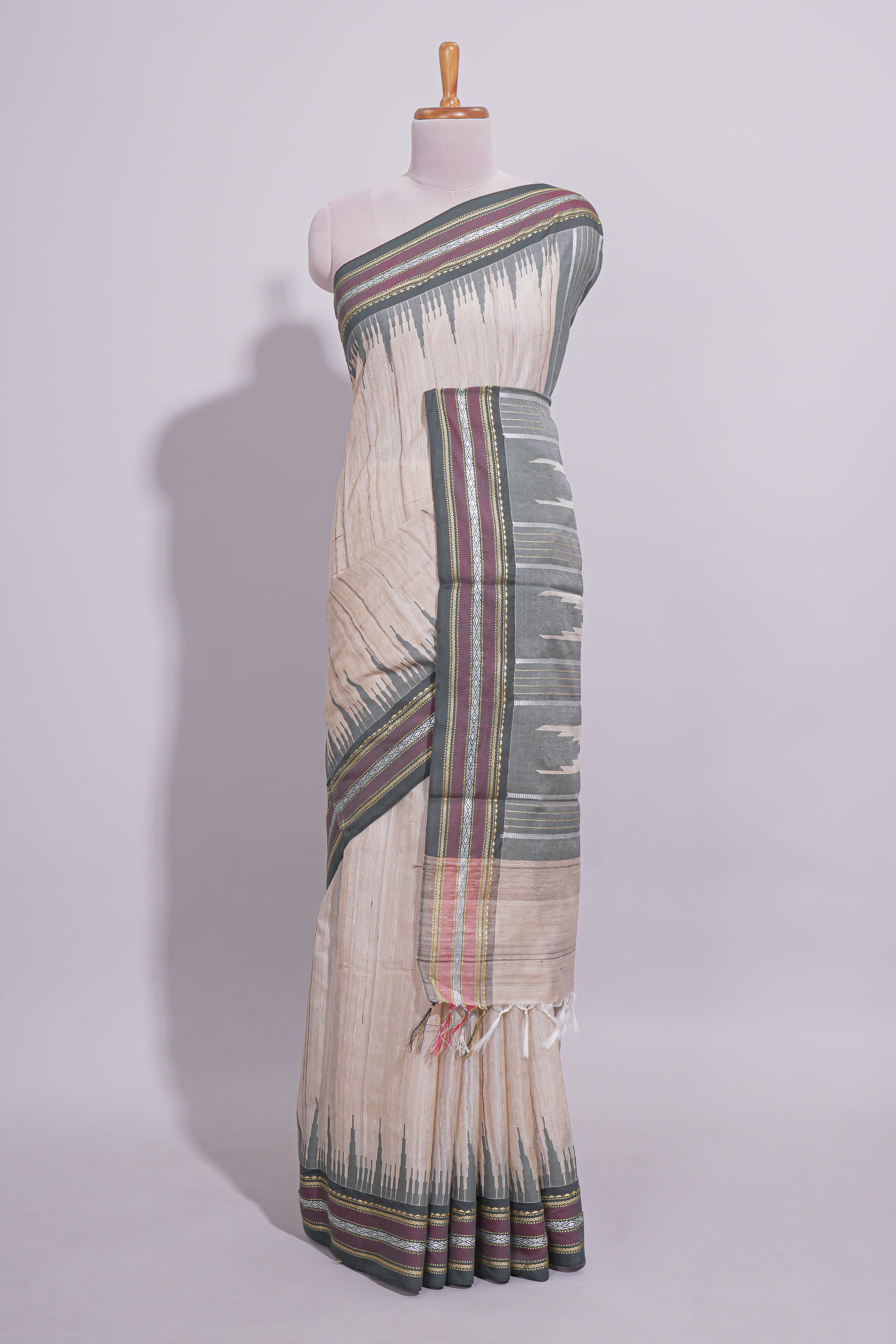 Off White Unique Design Linen Cotton Saree with Contrast Border Contrast and Blouse