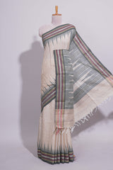 Off White Unique Design Linen Cotton Saree with Contrast Border Contrast and Blouse