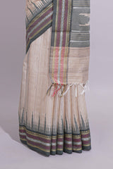 Off White Unique Design Linen Cotton Saree with Contrast Border Contrast and Blouse