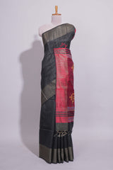 Black Unique Design Linen Cotton Saree with Contrast Border Contrast and Blouse