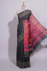 Black Unique Design Linen Cotton Saree with Contrast Border Contrast and Blouse