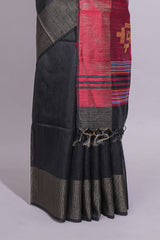 Black Unique Design Linen Cotton Saree with Contrast Border Contrast and Blouse