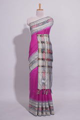 Pink Plain Art Tussar Saree with Contrast Ikkat Design Border and Blouse