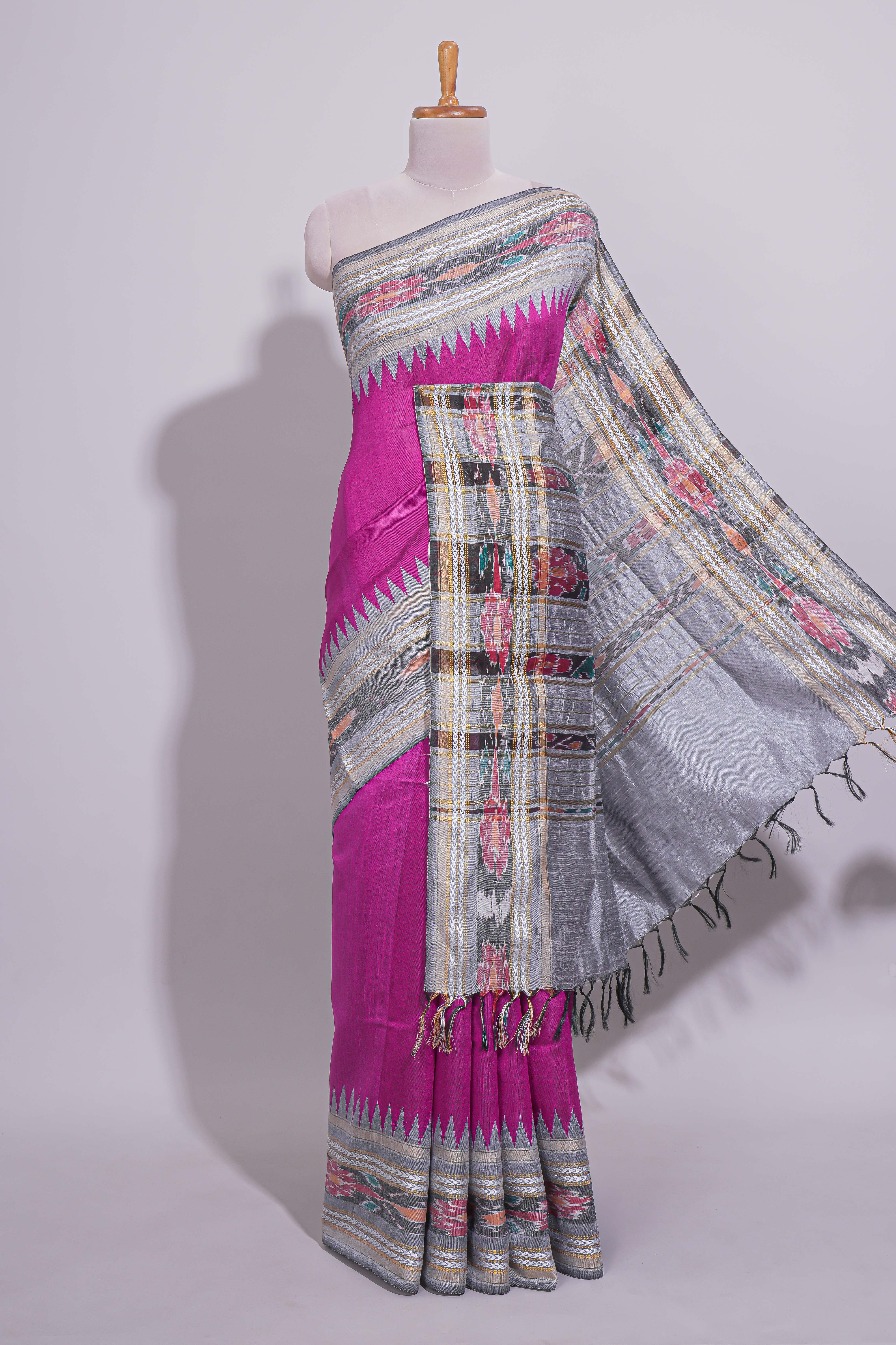 Pink Plain Art Tussar Saree with Contrast Ikkat Design Border and Blouse