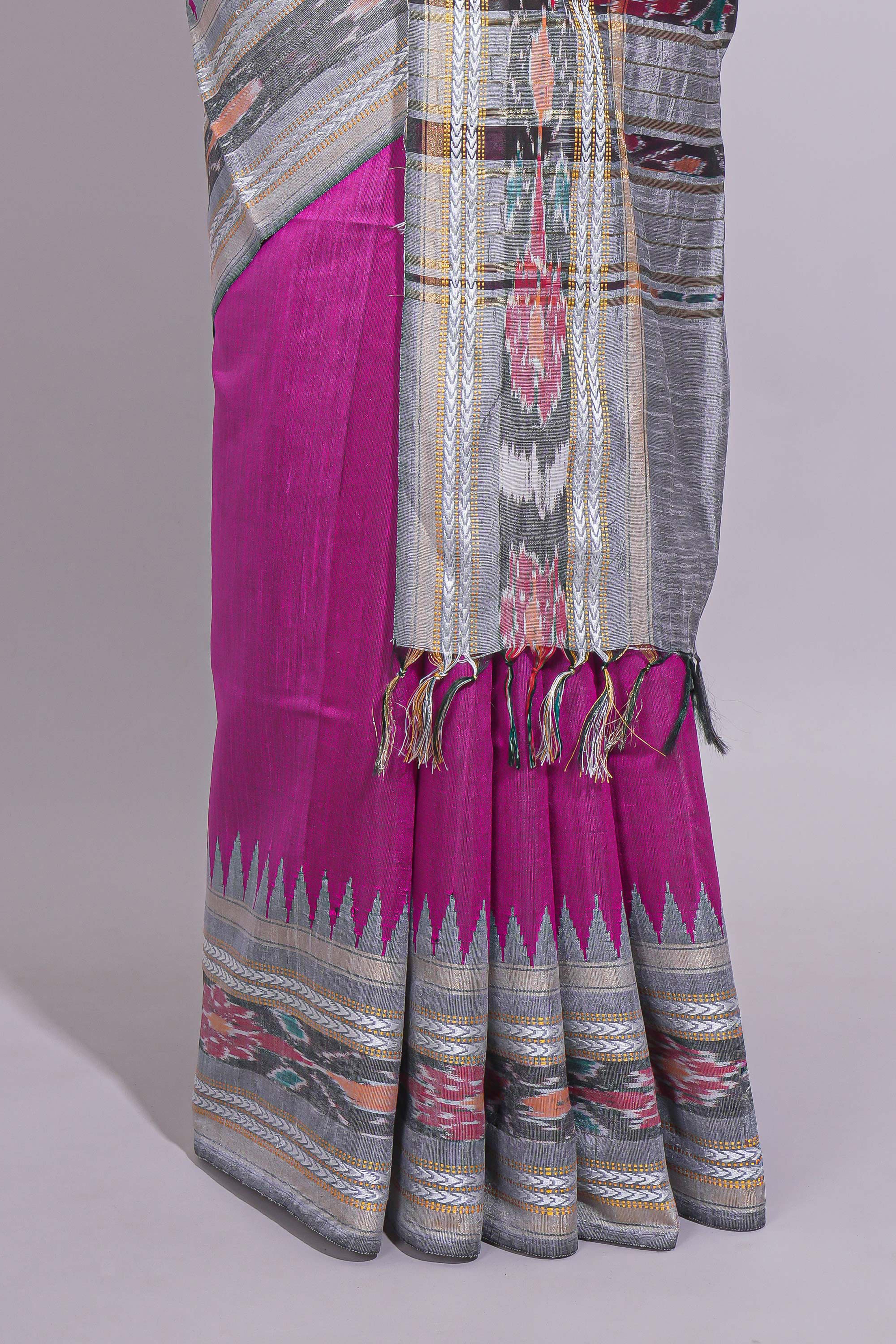 Pink Plain Art Tussar Saree with Contrast Ikkat Design Border and Blouse
