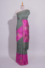 Green Checked Linen Cotton Saree with Contrast Floral Motifs Border and Blouse
