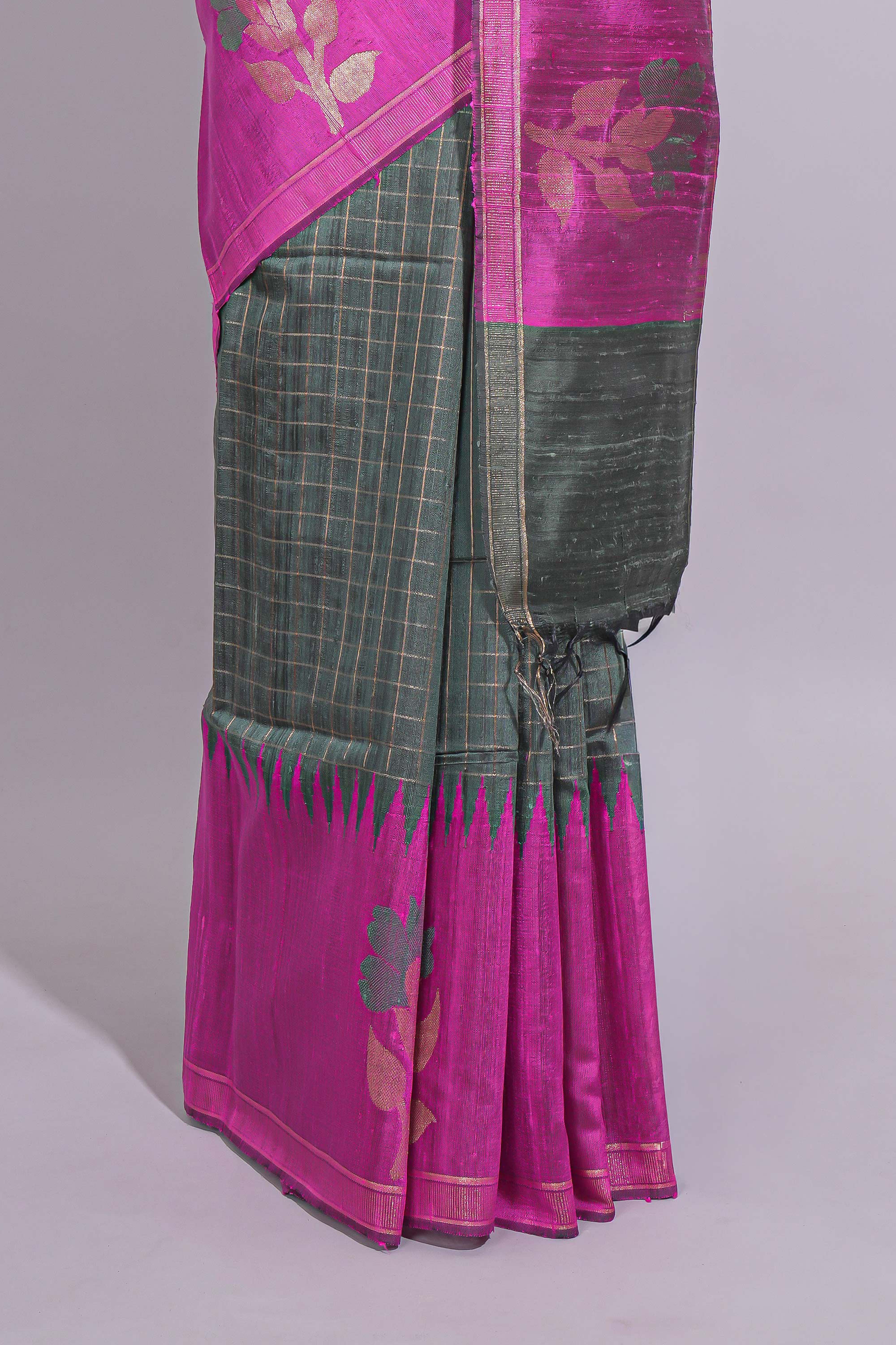 Green Checked Linen Cotton Saree with Contrast Floral Motifs Border and Blouse
