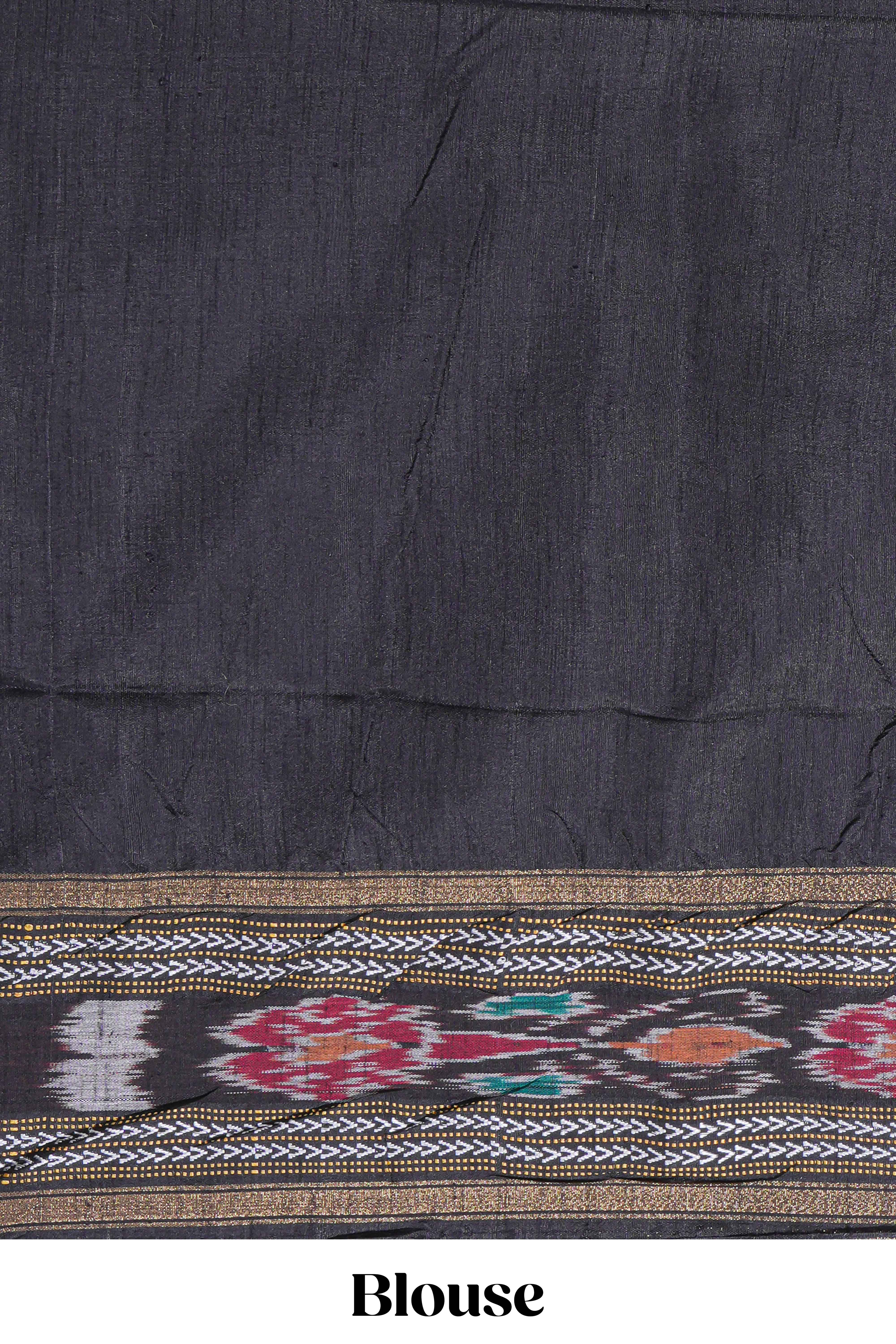 Grey Plain Linen Cotton Saree with Contrast Tribal Motif Border and Blouse