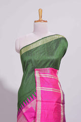 Green Plain Linen Cotton Saree with Contrast Geometric Design Border and Blouse