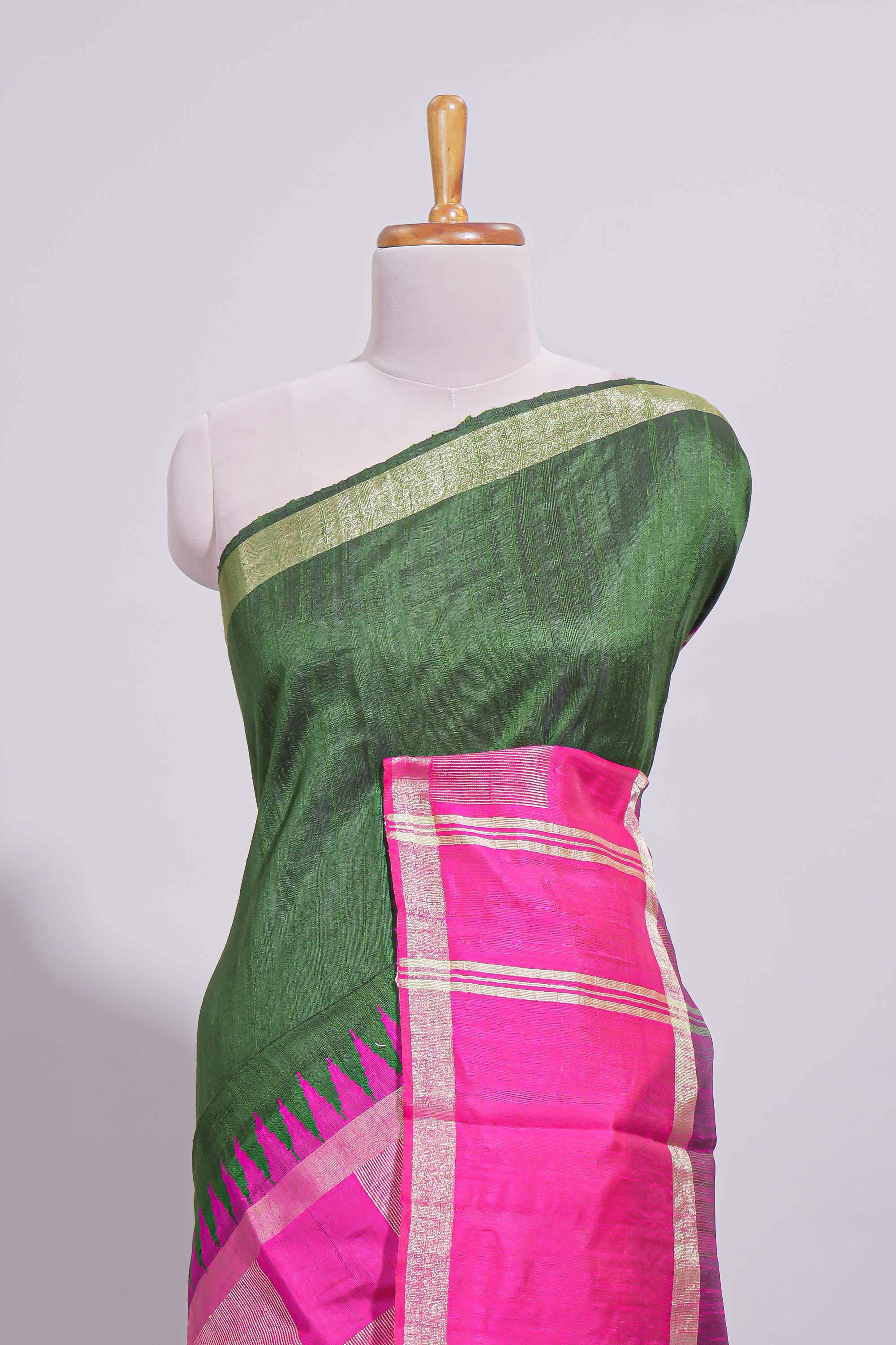 Green Plain Linen Cotton Saree with Contrast Geometric Design Border and Blouse