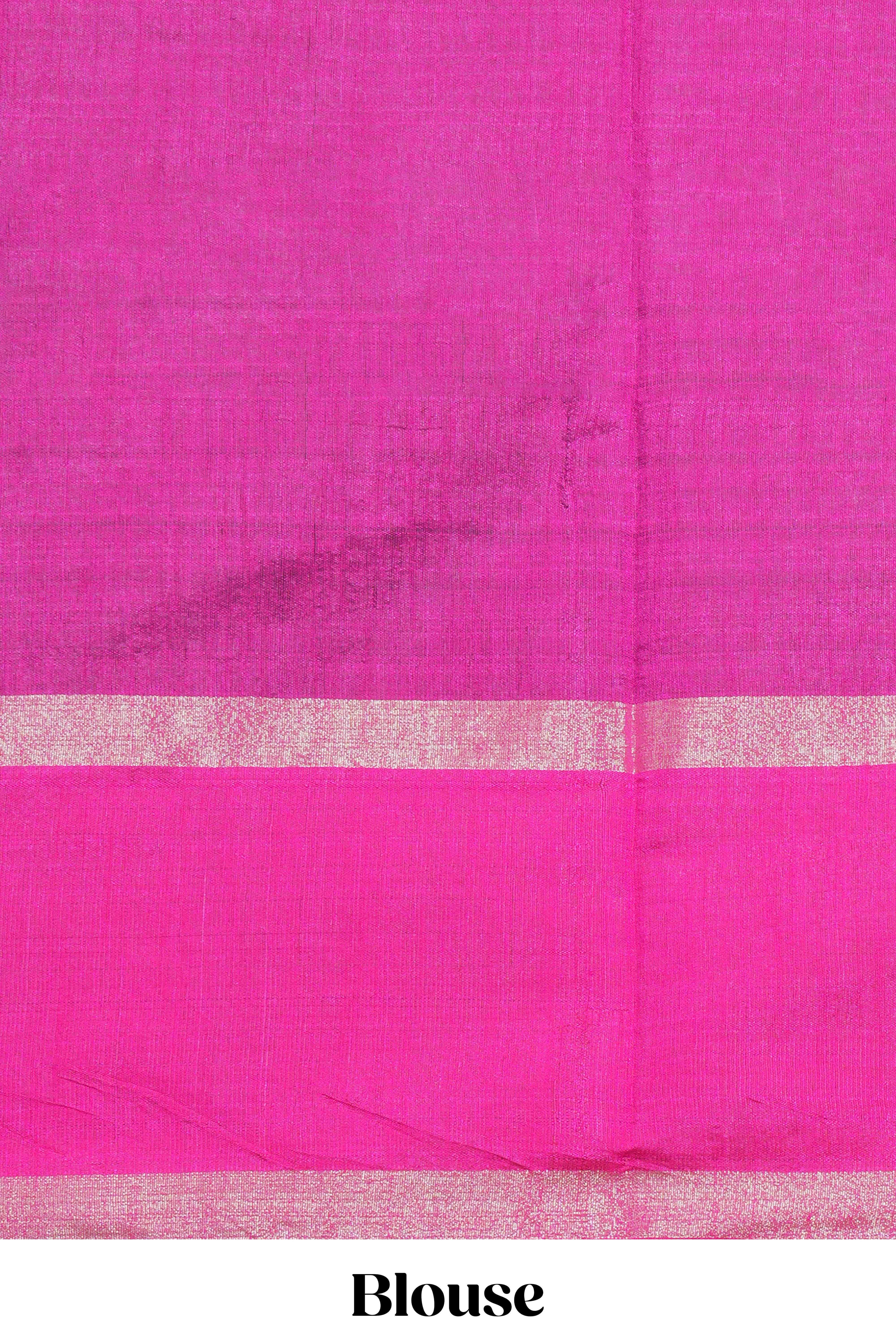 Green Plain Linen Cotton Saree with Contrast Geometric Design Border and Blouse